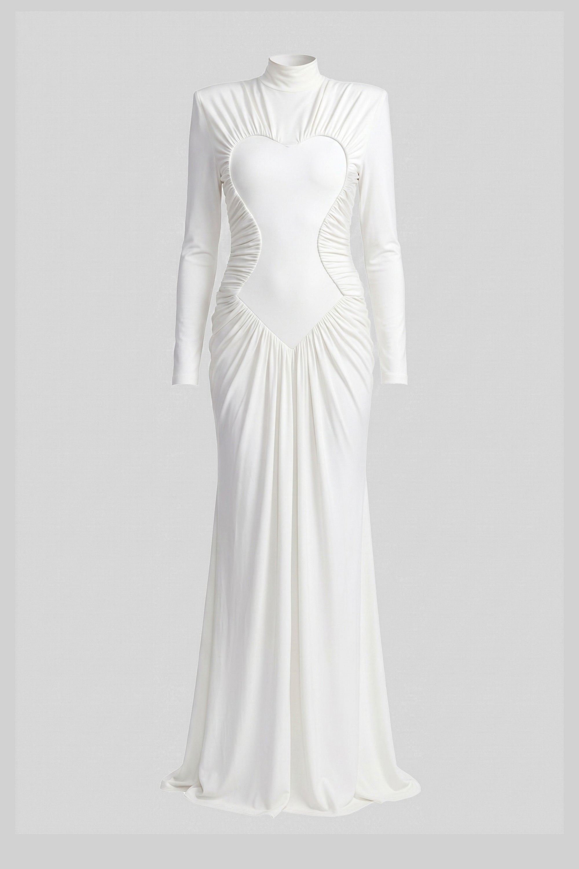 High-Neck Long-Sleeve Ruched Mermaid Gown With Diagonal Drape - White