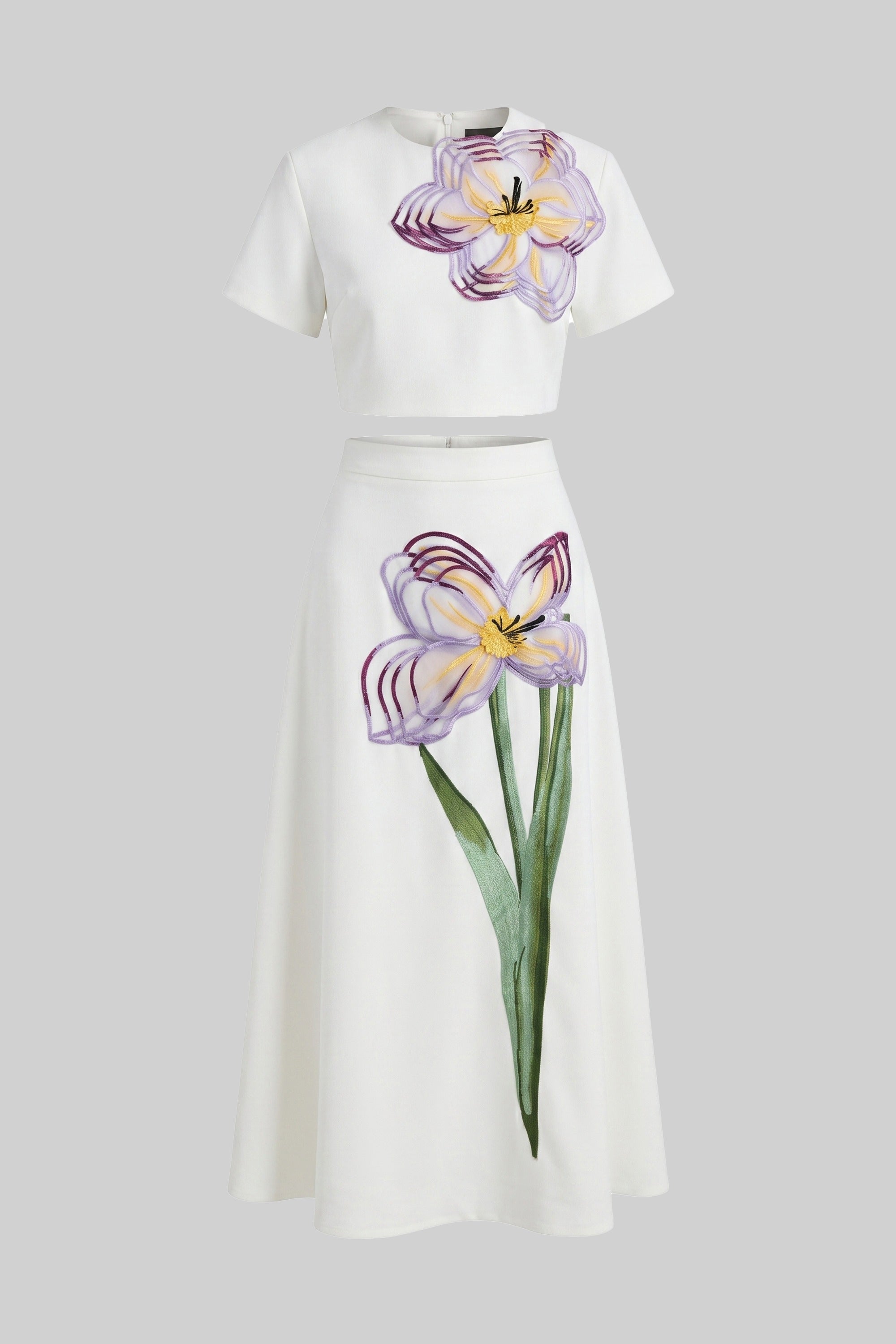 Short-Sleeve Floral-Print Co-Ord Set With Crop Top And Maxi Skirt - White
