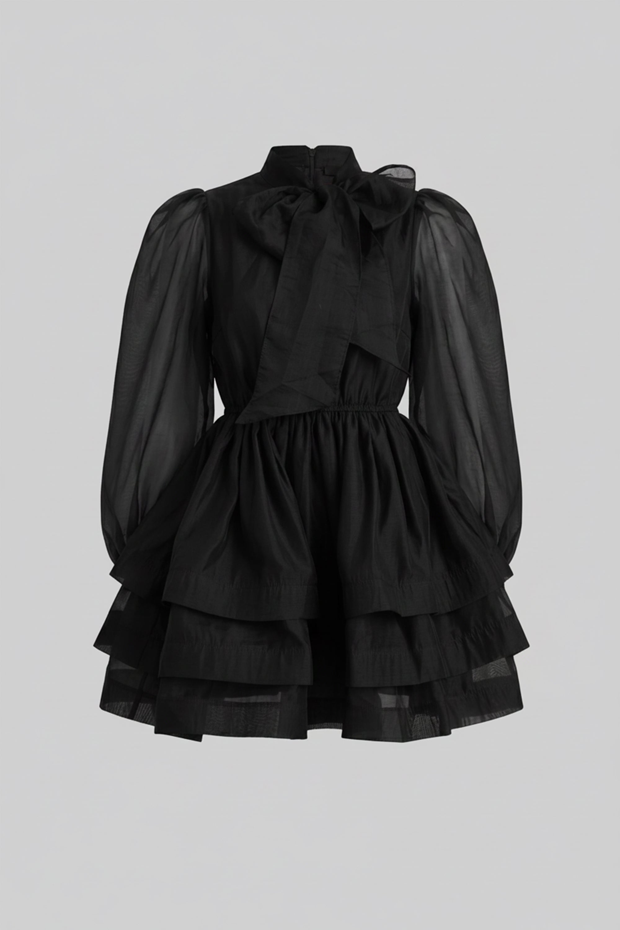 High-Neck Puff-Sleeve Mini Dress With Tiered Ruffle Skirt And Bow - Black