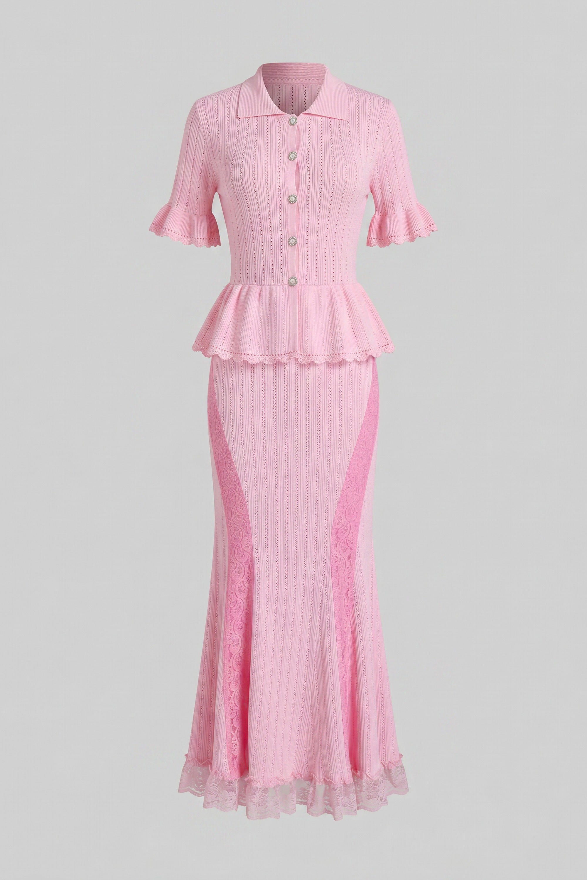 Peter-Pan Collar Knit Peplum Maxi Dress With Lace Hem - Pink