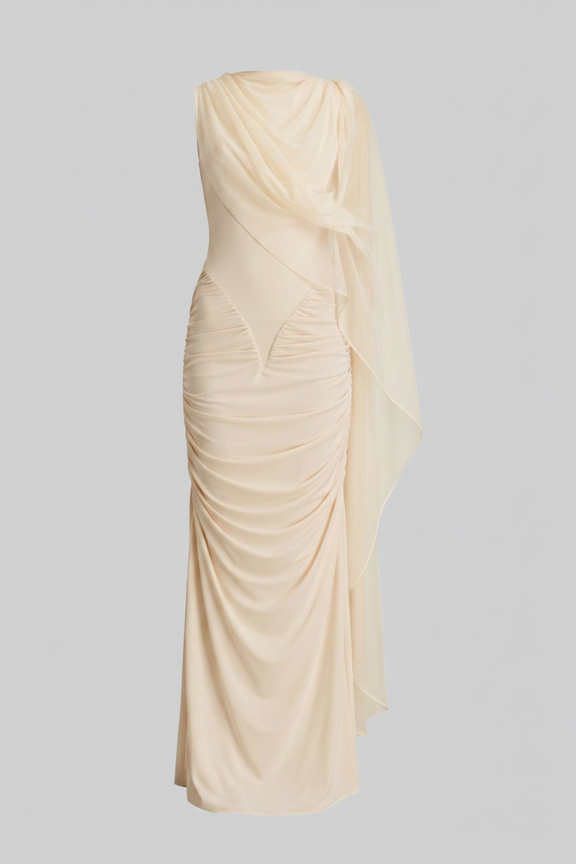 One-Shoulder Draped Maxi Dress With Sheer Scarf Detail - Yellow