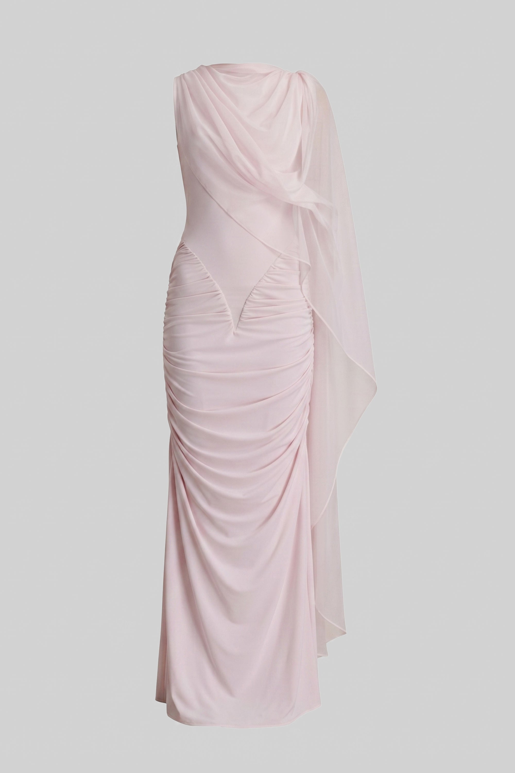 One-Shoulder Draped Maxi Dress With Sheer Scarf Detail - Pink