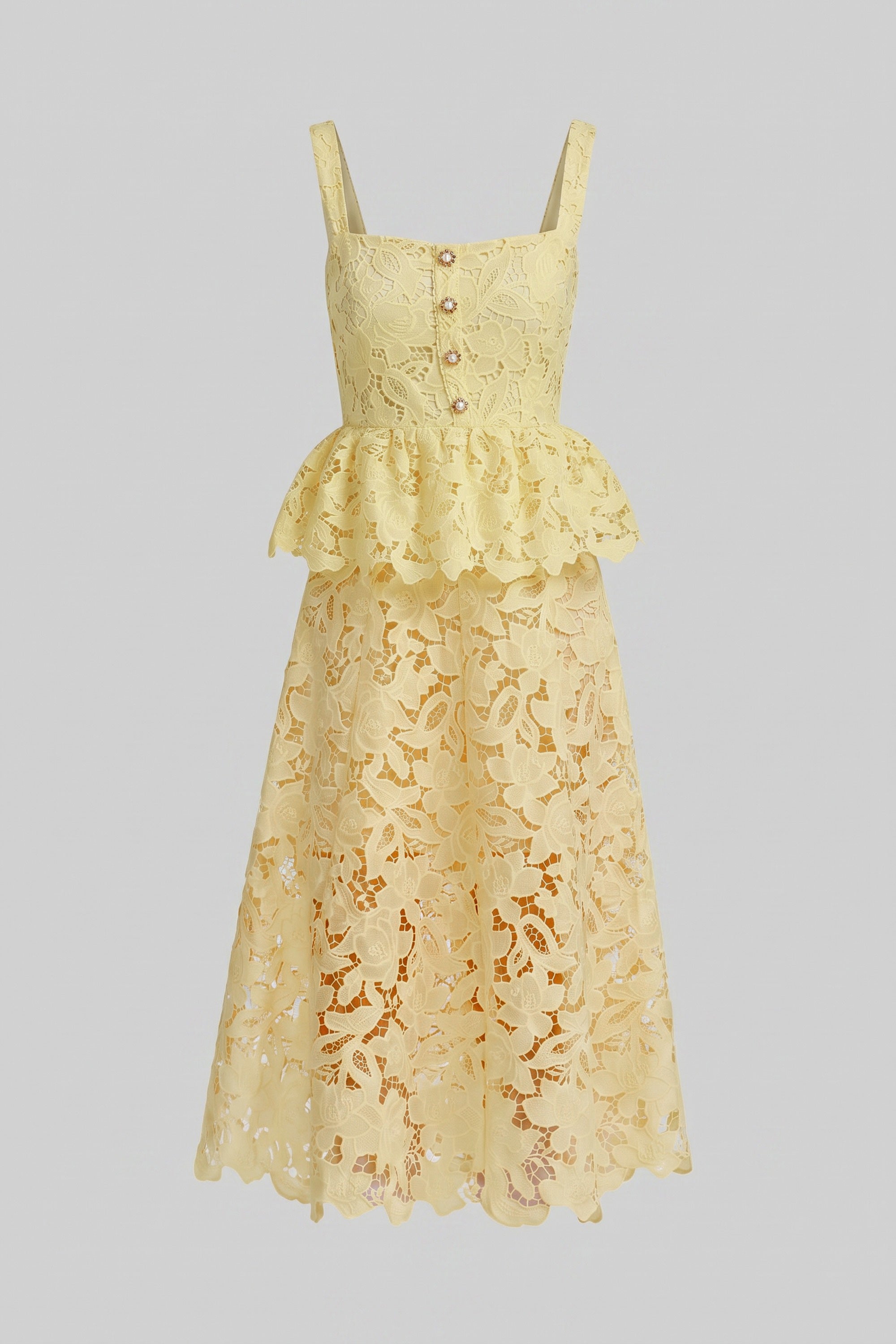 Sleeveless Lace Peplum Dress With Midi Skirt And Golden Buttons - Yellow