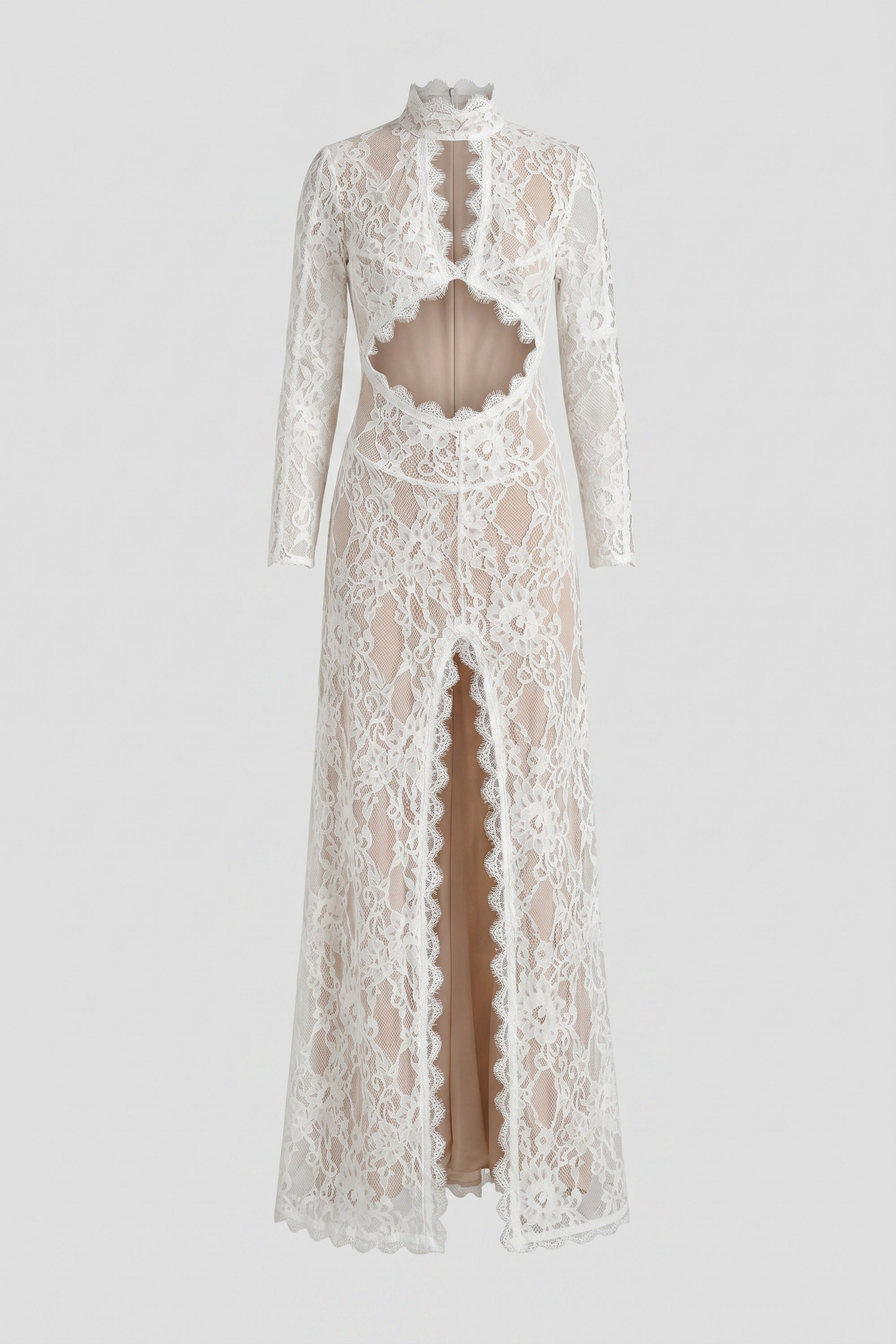 Elegant Lace Gown With High Neck, Front Cutout And Slit - White