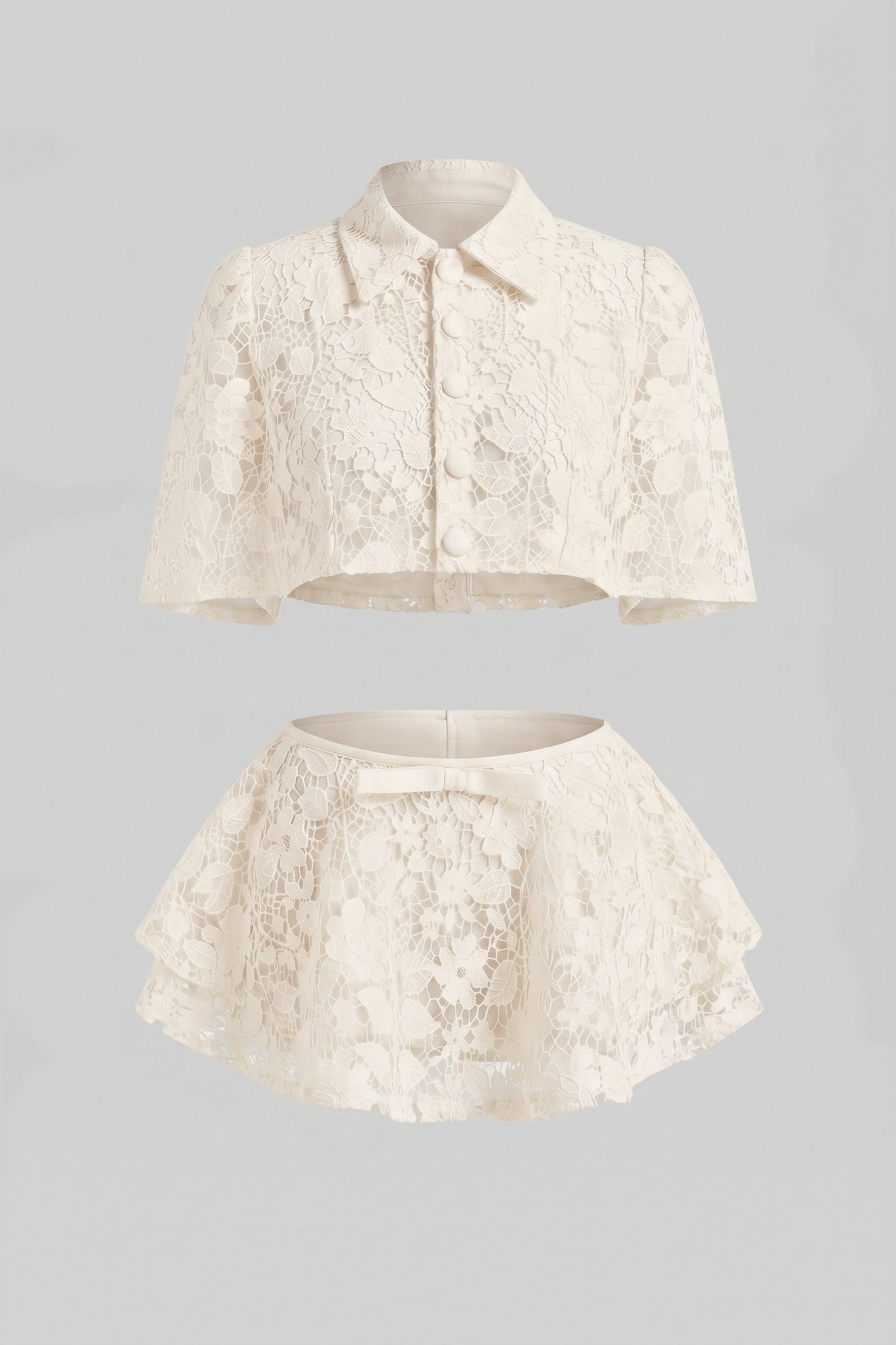 Lace Co-Ord Set With Button Cape And Bow Mini Skirt - Ivoire