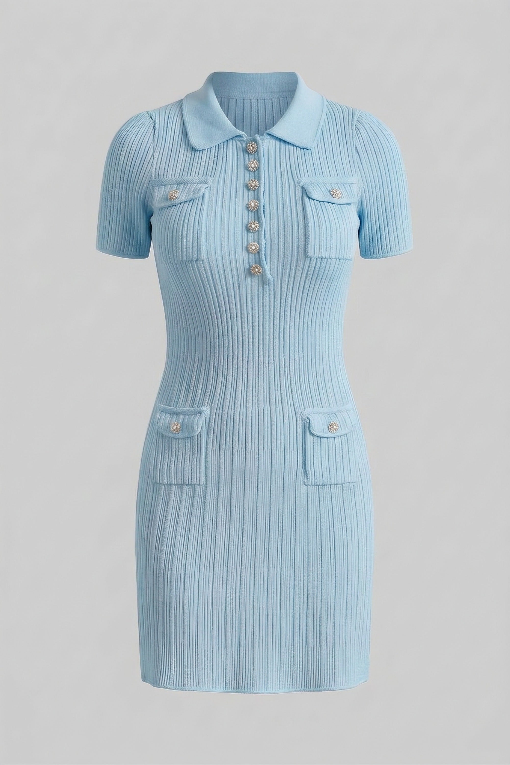 Ribbed Knit Button-Front Mini Dress - Baby Blue