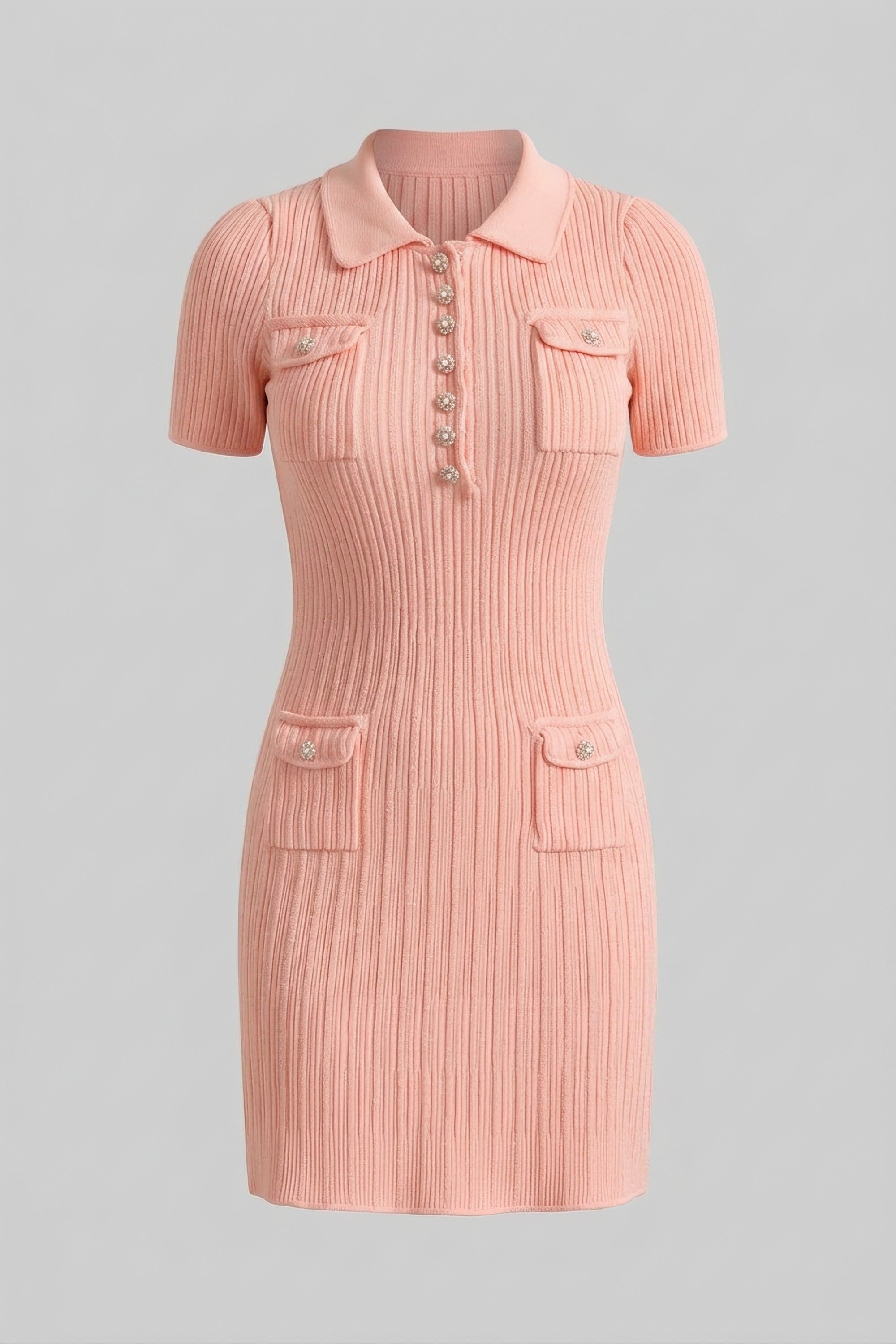 Ribbed Knit Button-Front Mini Dress - Peach