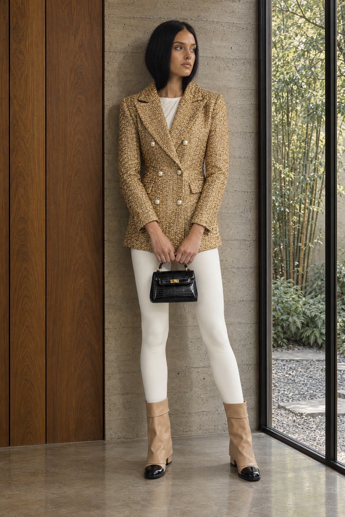 Metallic Tweed Double-Breasted Blazer with Pearl Buttons - Gold