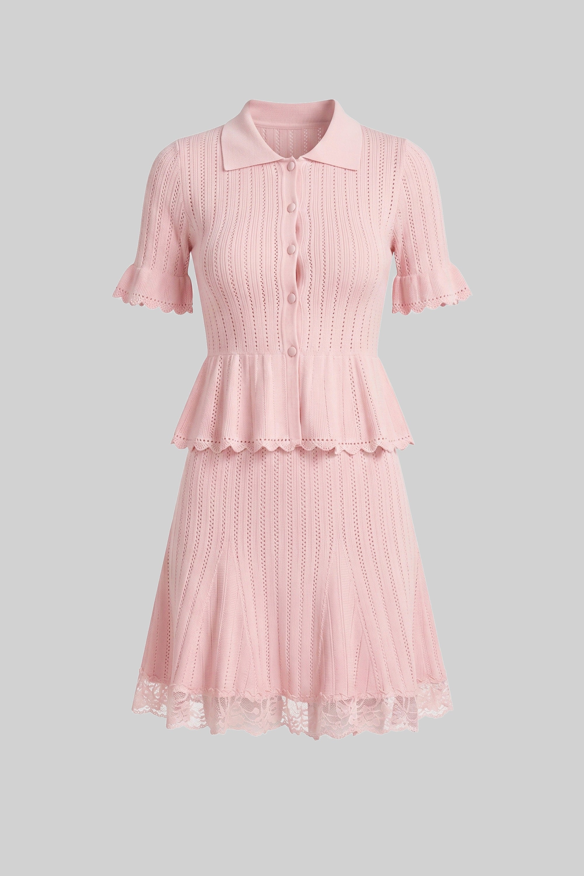 Peter-Pan Collar Knit Peplum Co-Ord set With Lace Hem - Pink