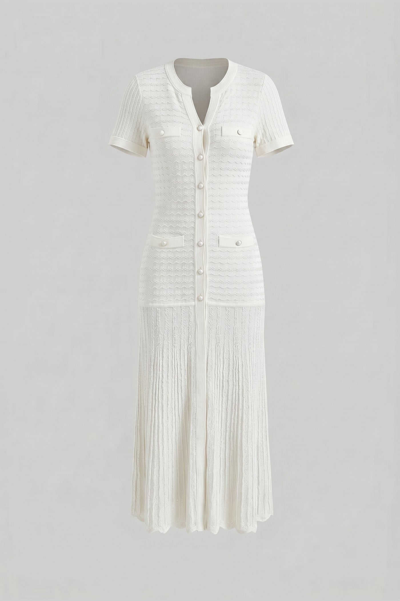 Short Sleeve Midi Dress With Shimmer Knit Texture - White