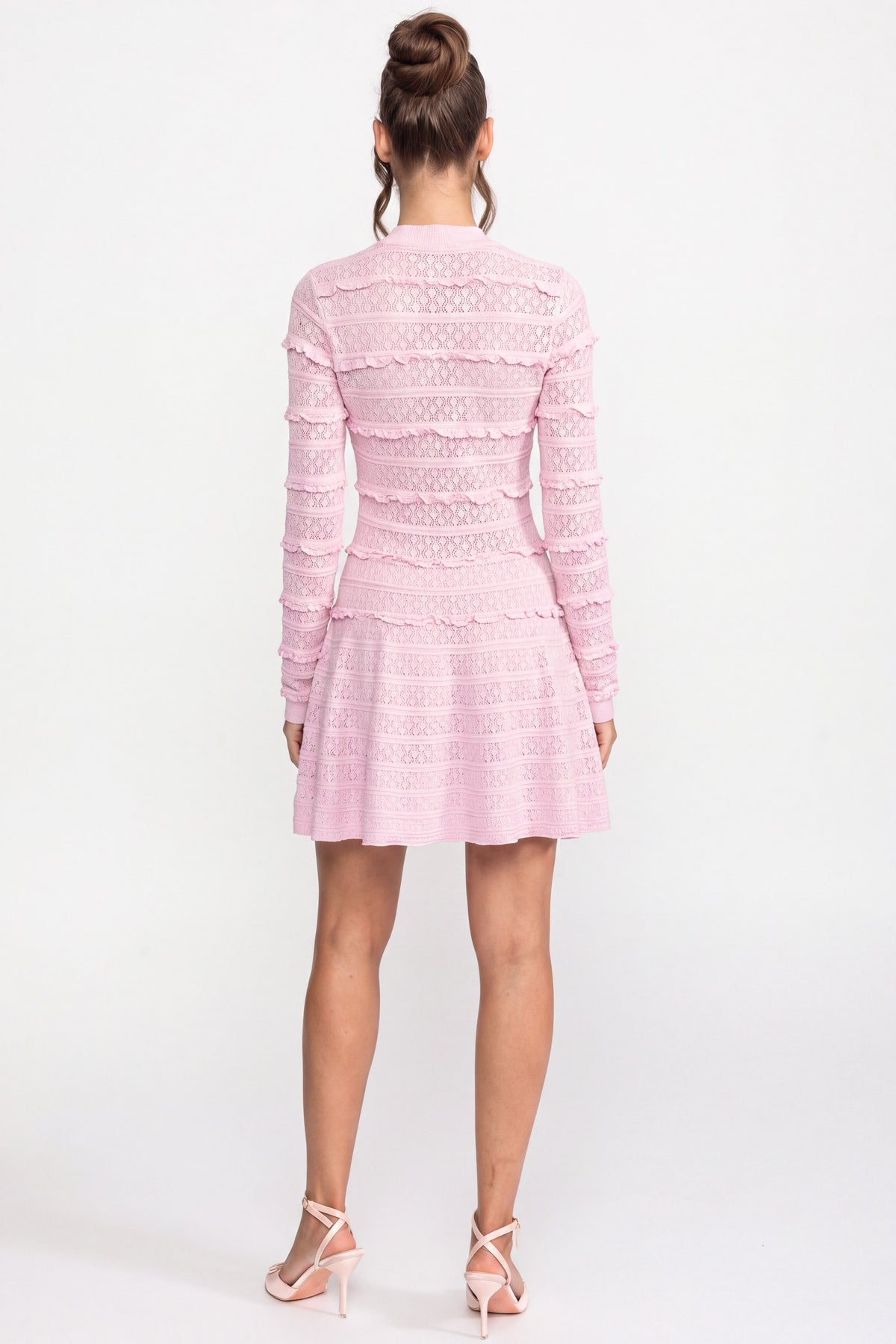 Button Front Knit Fit And Flare Dress With Crystal Buttons - Pink