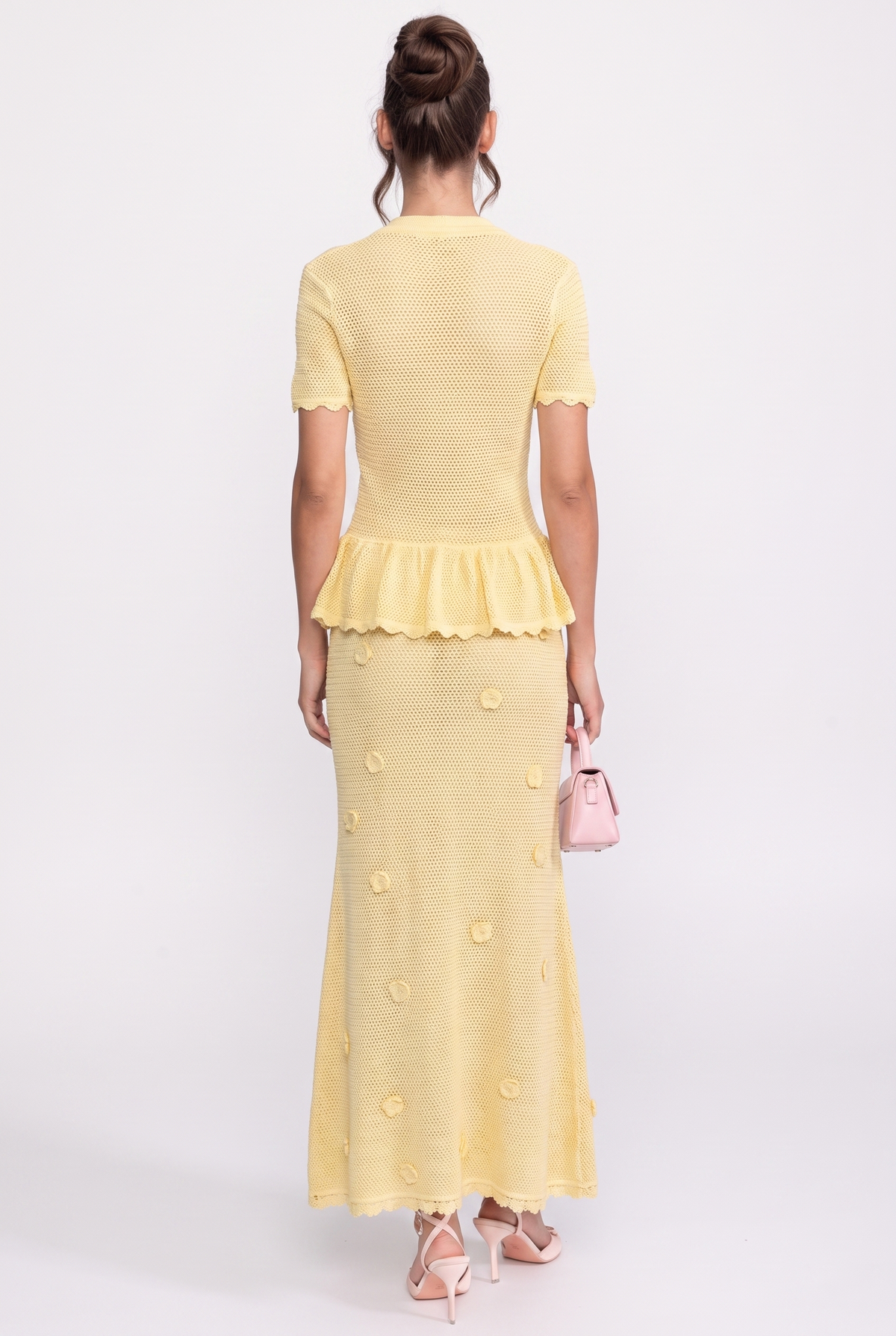 Floral Crochet Peplum Maxi Dress With Drawstring Waist - Yellow
