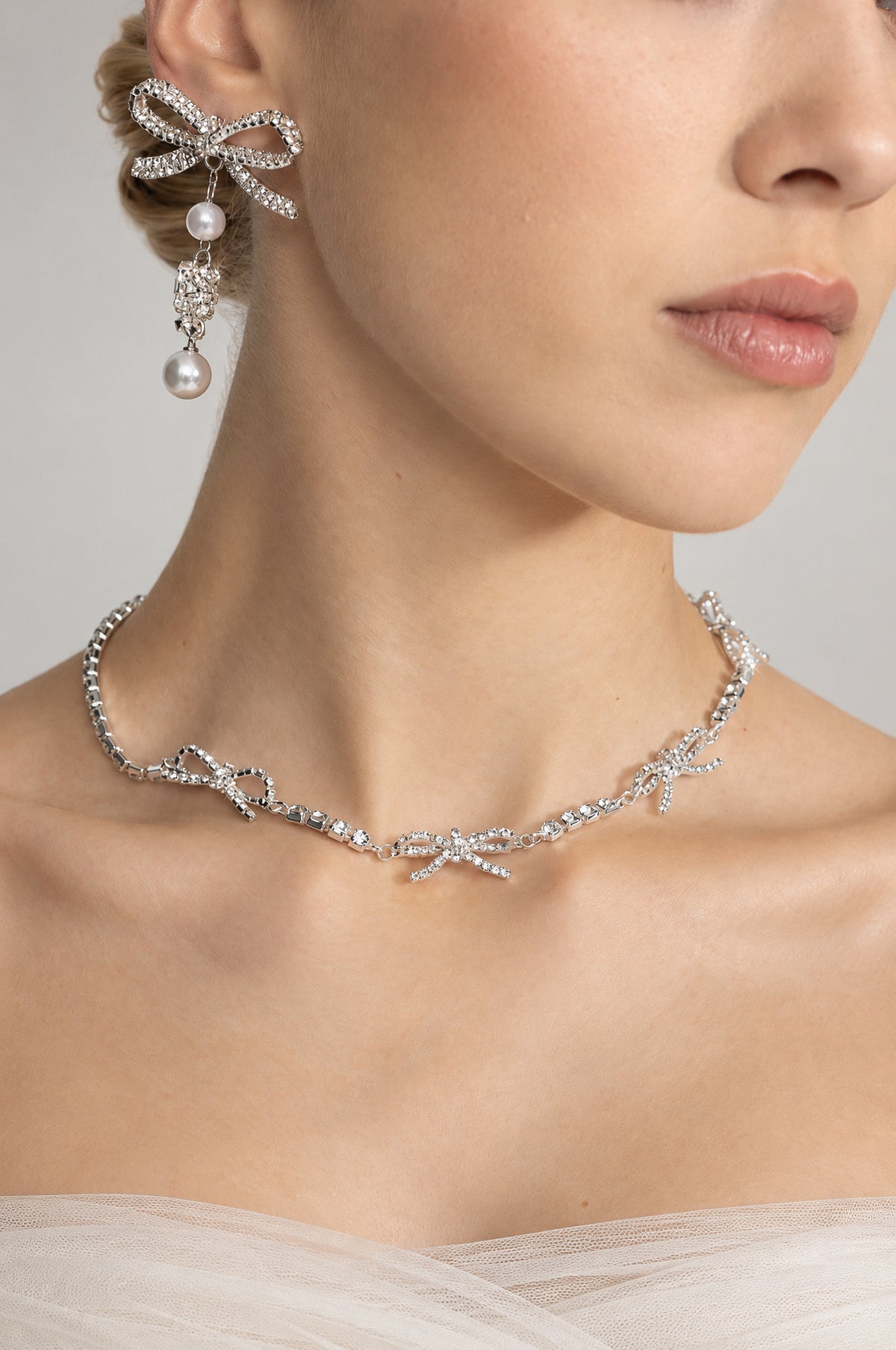Crystal Bow Necklace and Pearl Drop Earrings Set - Silver