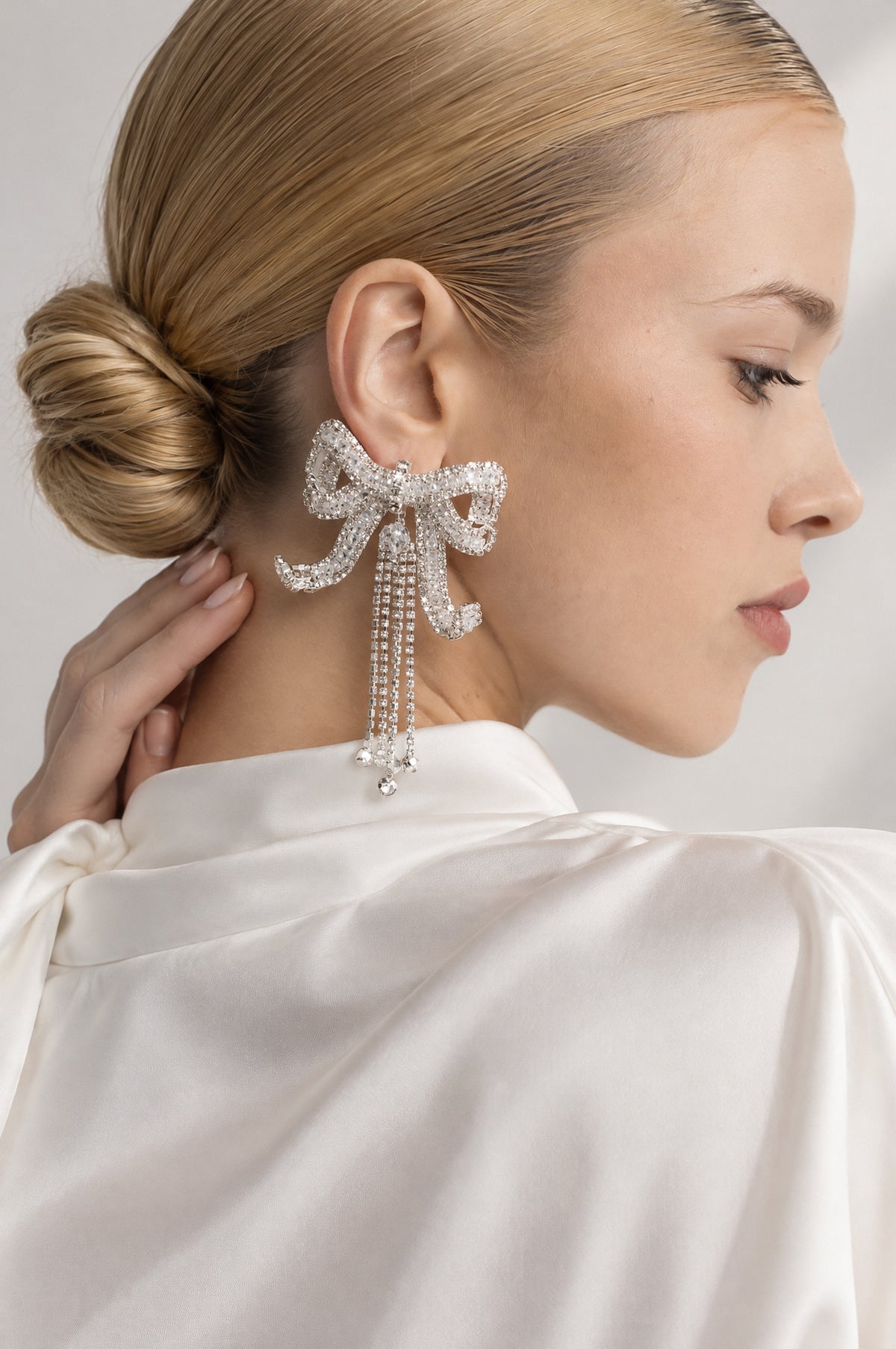Crystal Bow Fringe Drop Earrings - Silver