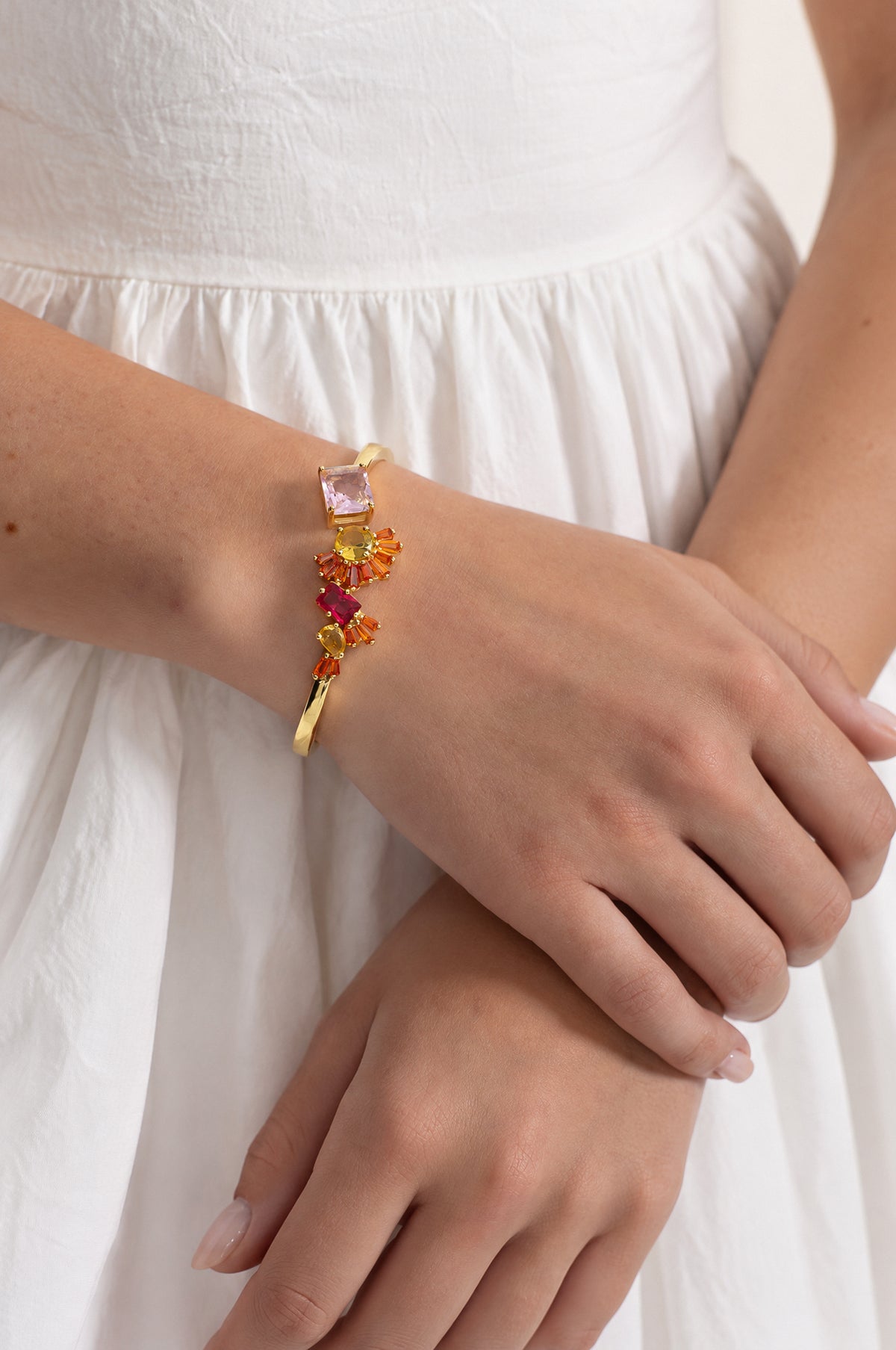Multicolour Crystal Cluster Cuff Bracelet - Gold