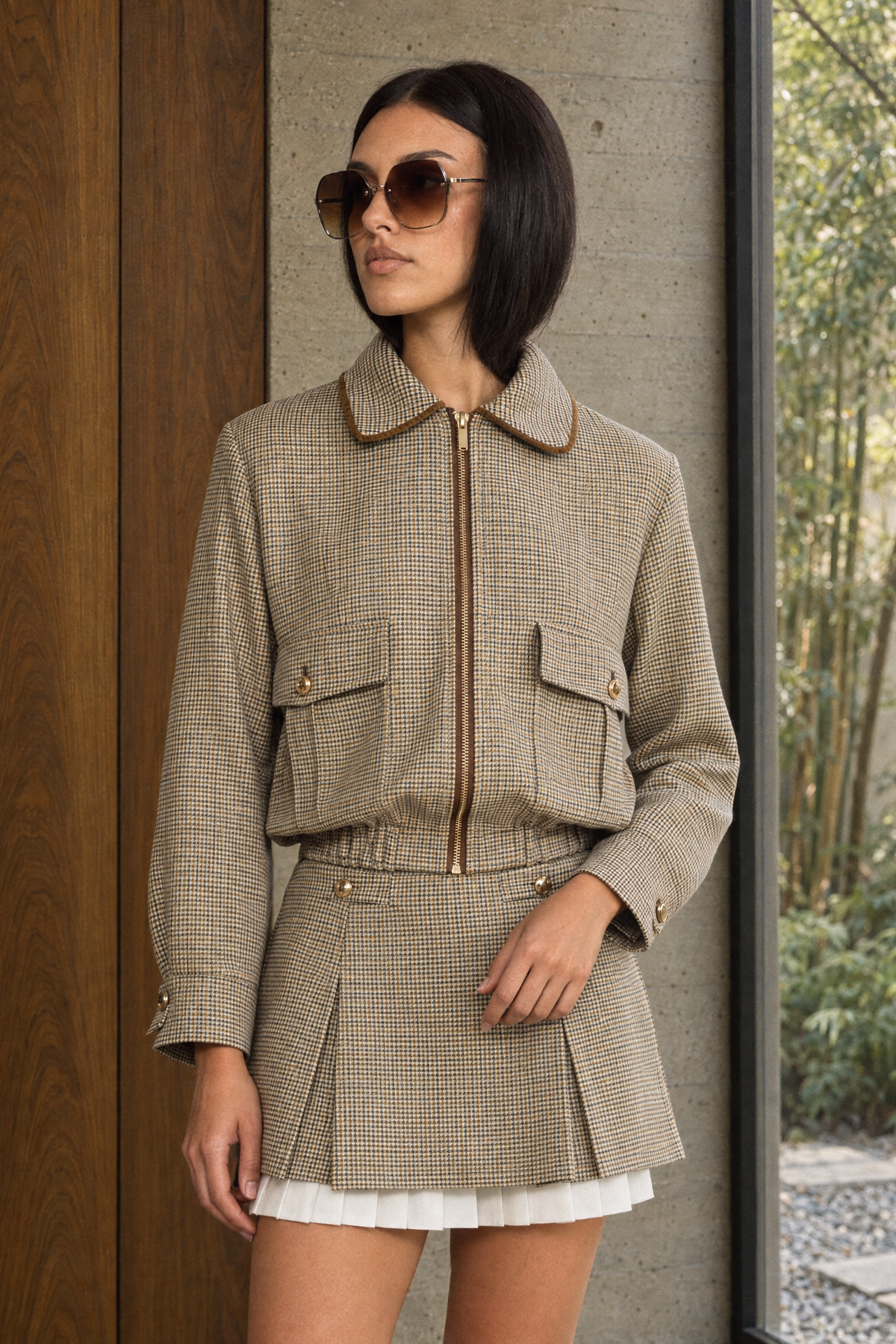Houndstooth Bomber Jacket and Pleated Mini Skirt Set - Beige