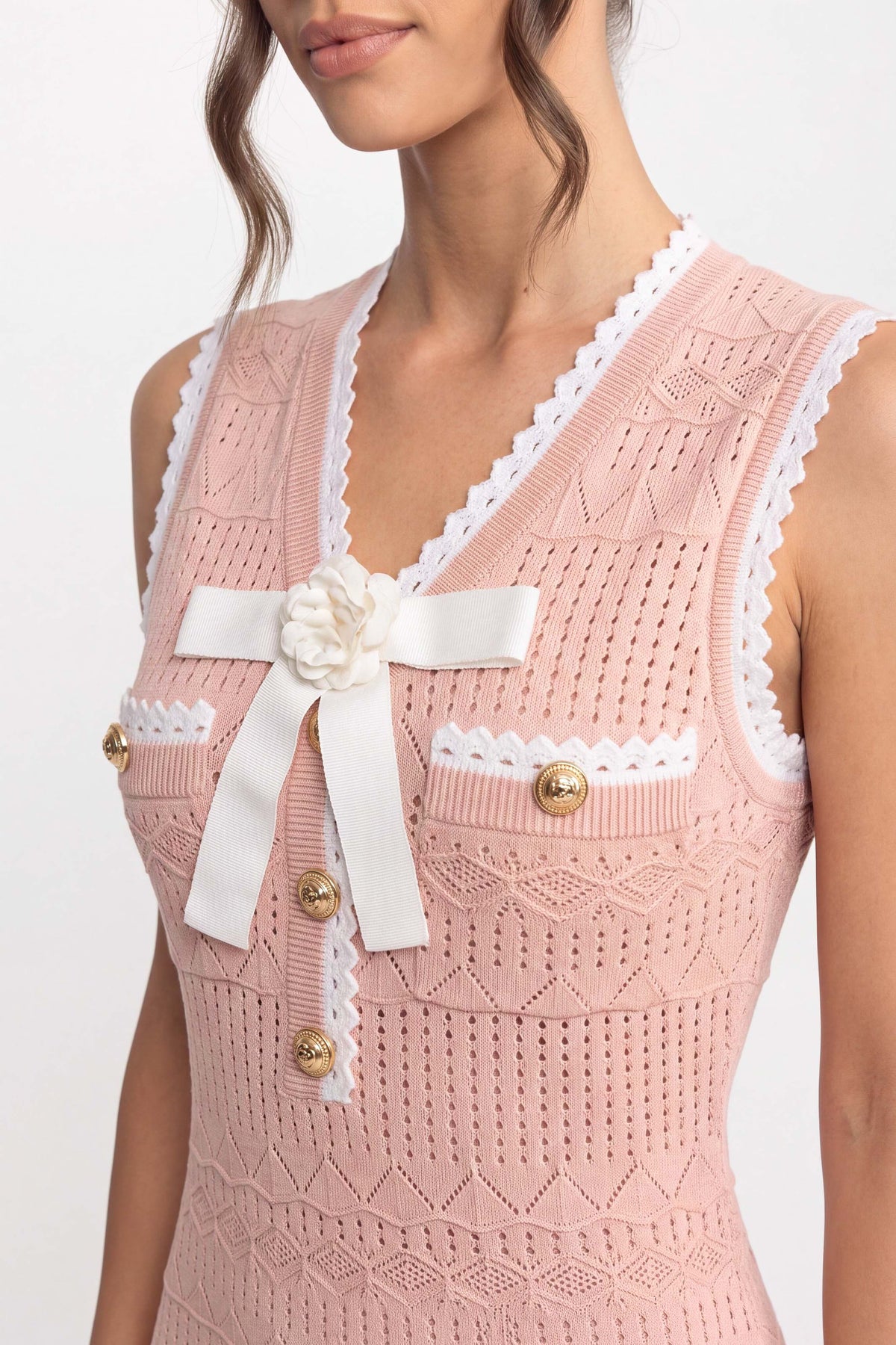 Crochet Knit Midi Dress With Black Trim And Bow - Pink