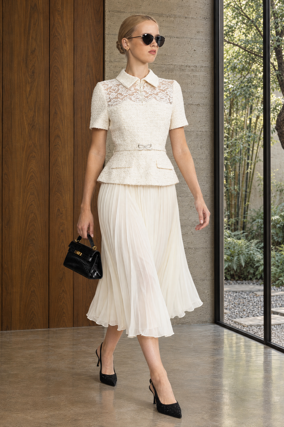 Lace Yoke Tweed Peplum Dress with Pleated Skirt - Ivoire