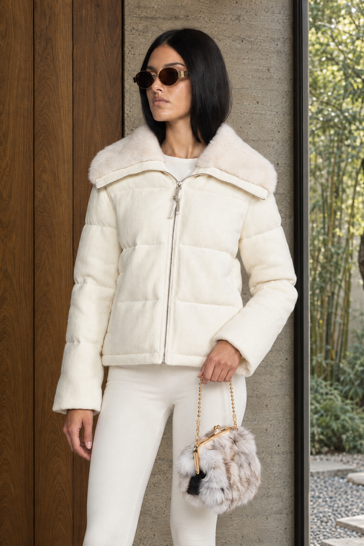Ribbed Cashmere Down Puffer Jacket with Mink Fur Collar - Ivoire