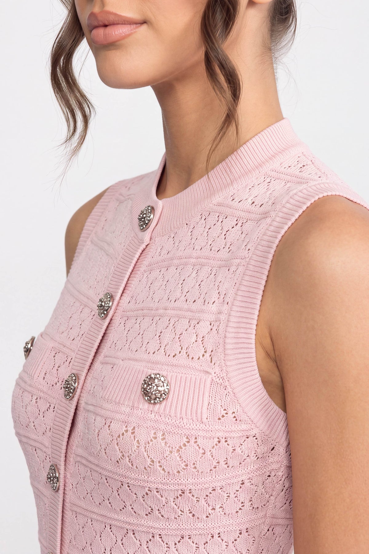 Button Front Knit Mini Dress With Round Neckline - Pink