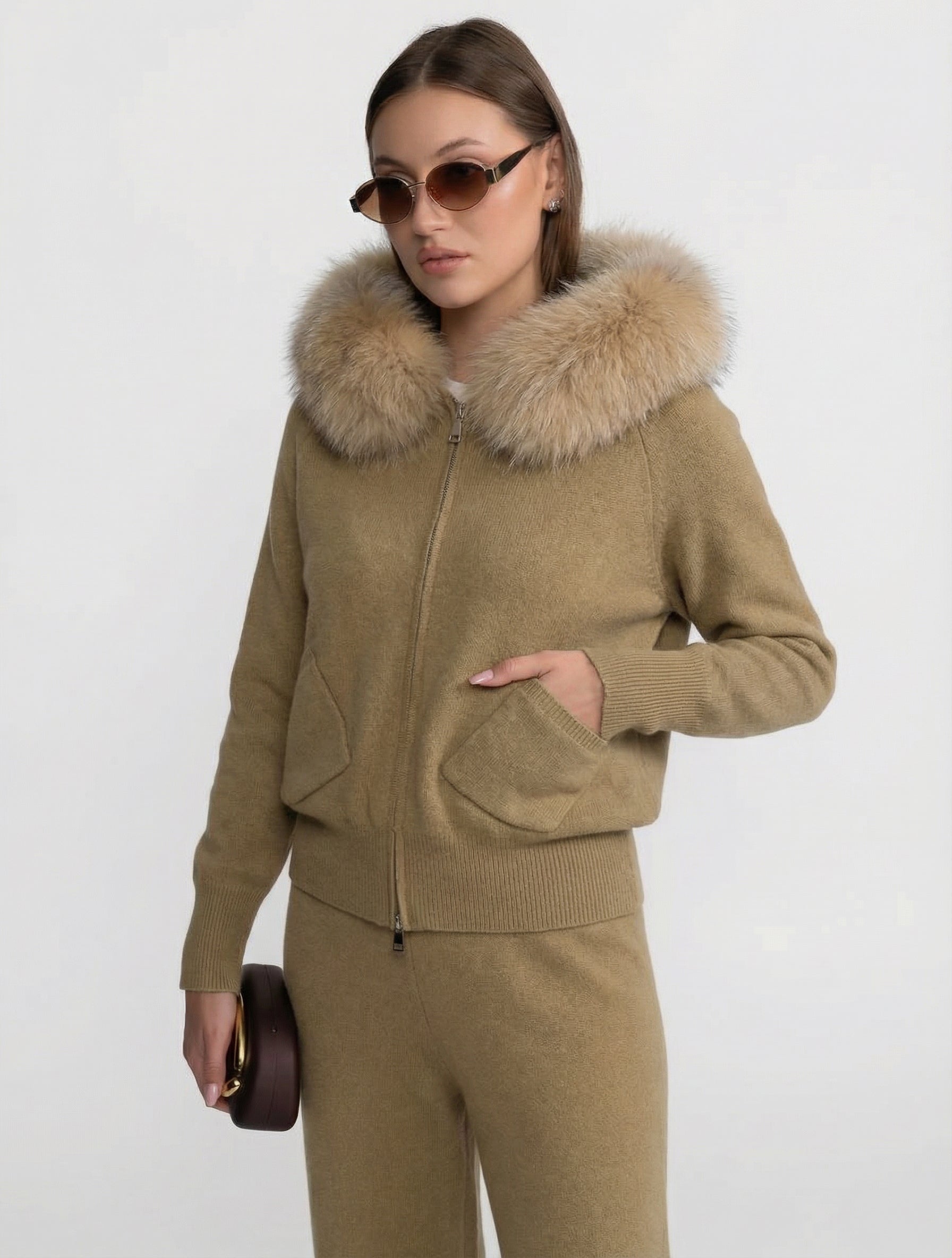 Zip-Up Wool Hoodie With Fox Fur Collar – Khaki