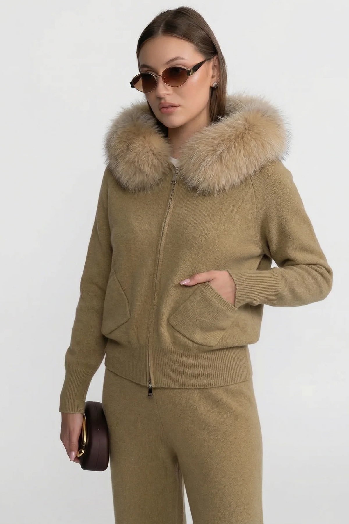 Zip-Up Wool Hoodie With Fox Fur Collar – Khaki