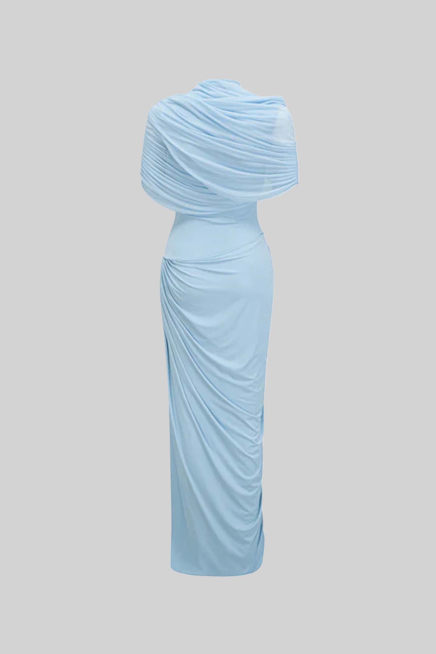 Elegant Maxi Dress With Ruched Details And Draping Skirt - Baby Blue