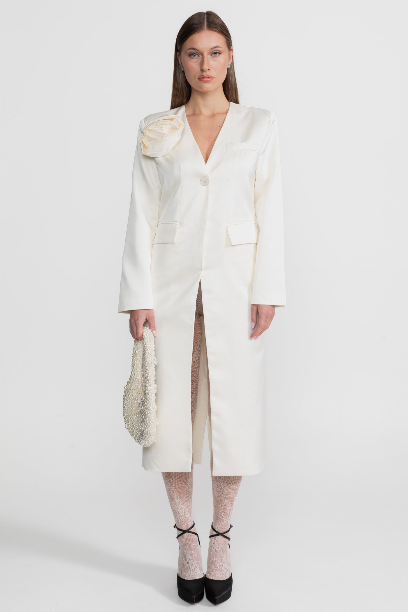 Satin Rose Embellished Blazer Dress – Ivoire