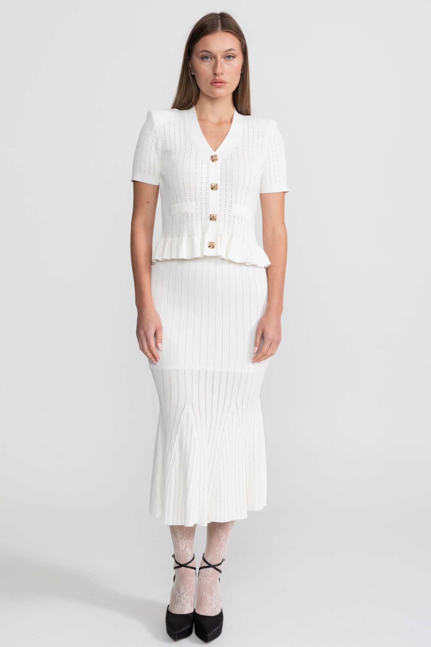 Knit Midi Dress with Peplum Waist and Gold Buttons  – White