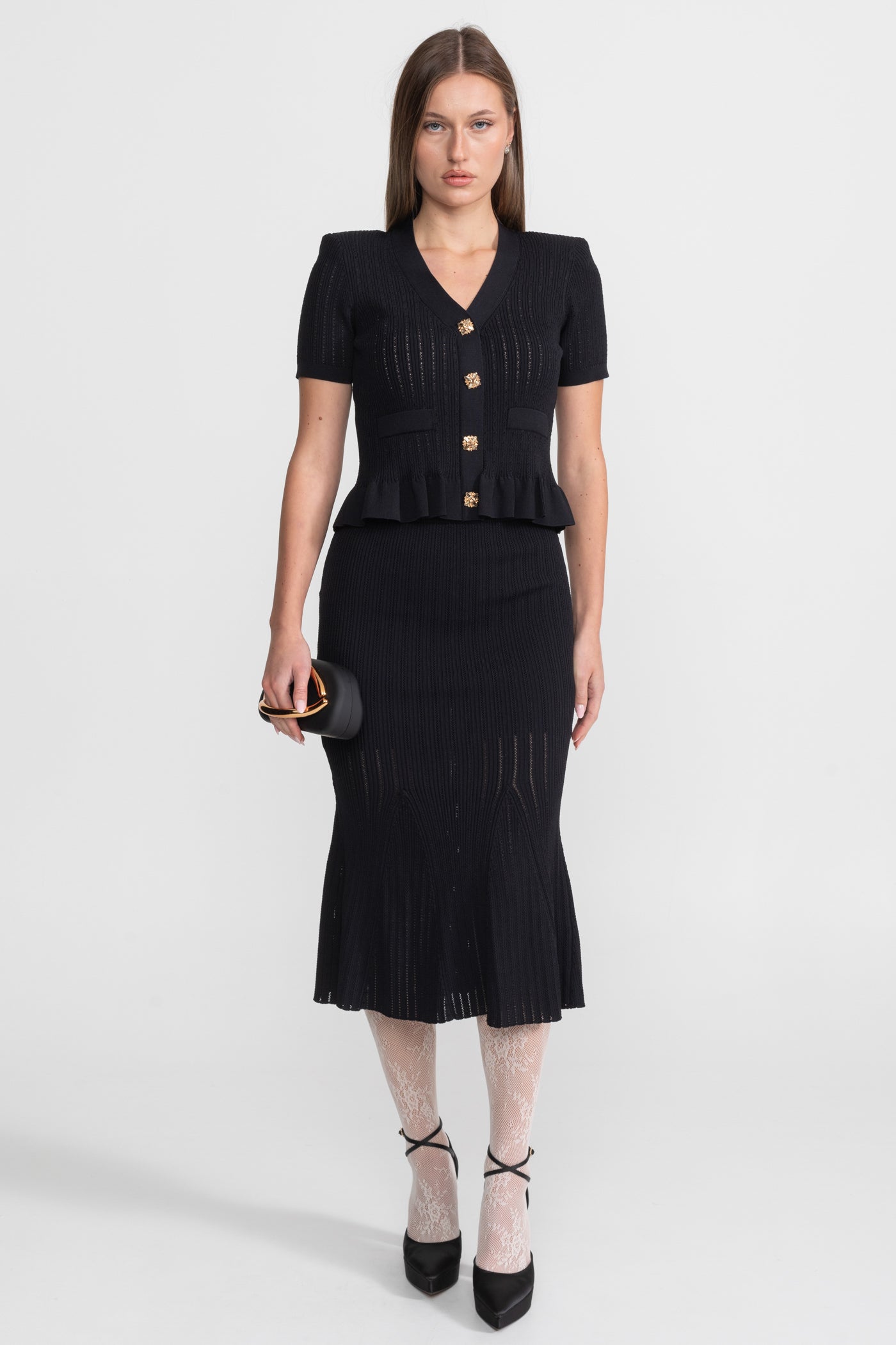 Knit Midi Dress with Peplum Waist and Gold Buttons  – Black