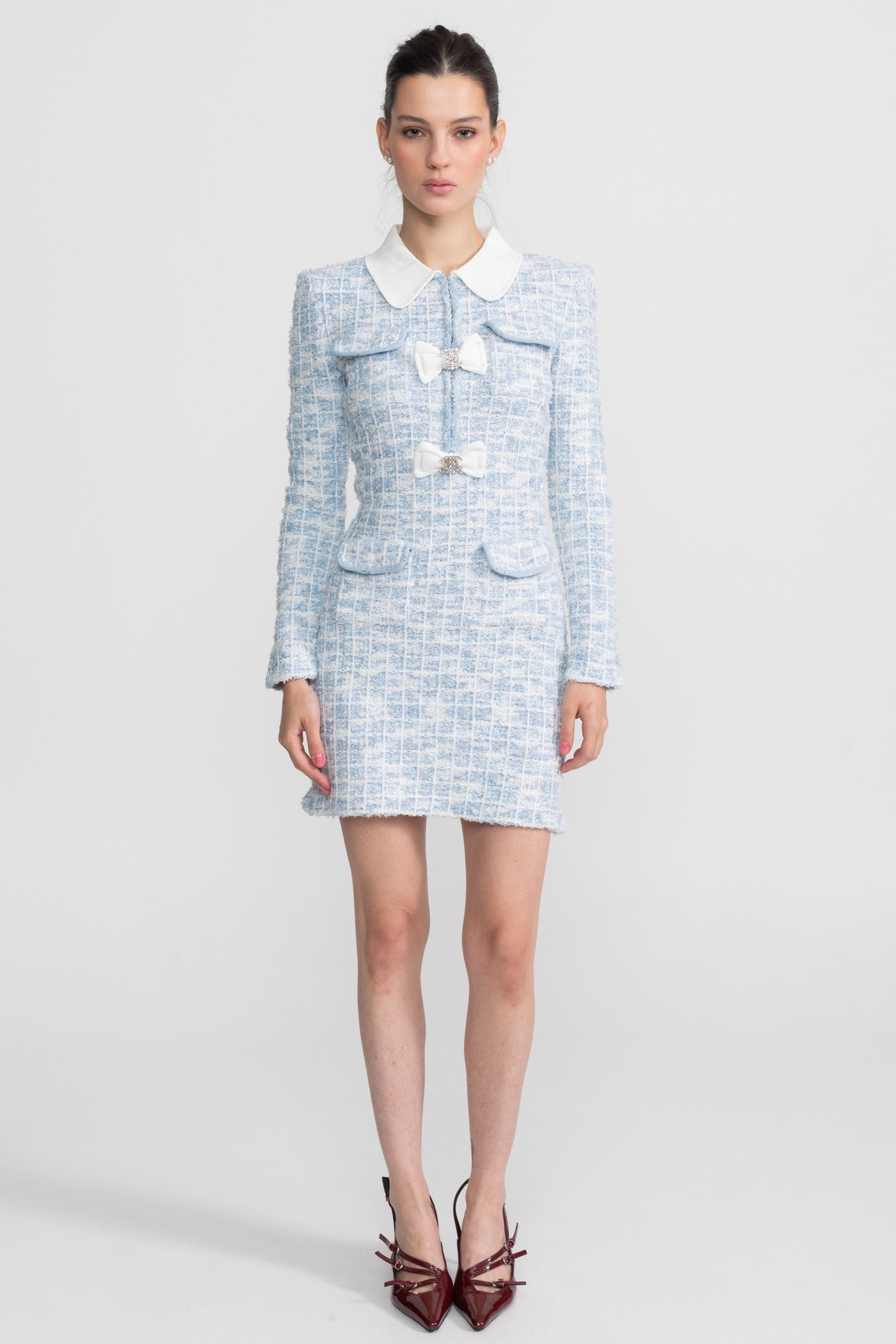 Tweed Mini Dress with Contrast Collar and Bow Embellishments - Light Blue