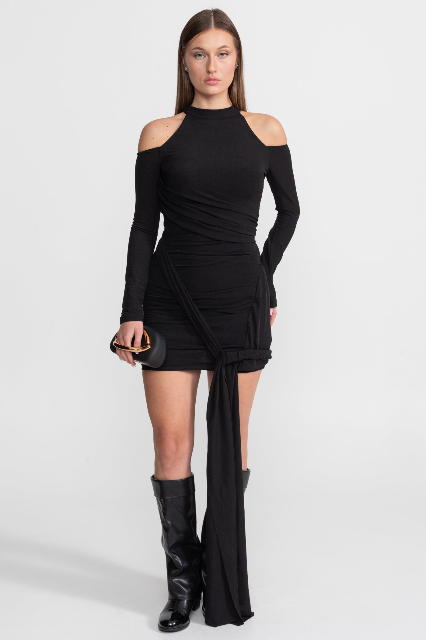 Cold-Shoulder Draped Mini Dress – Black, M