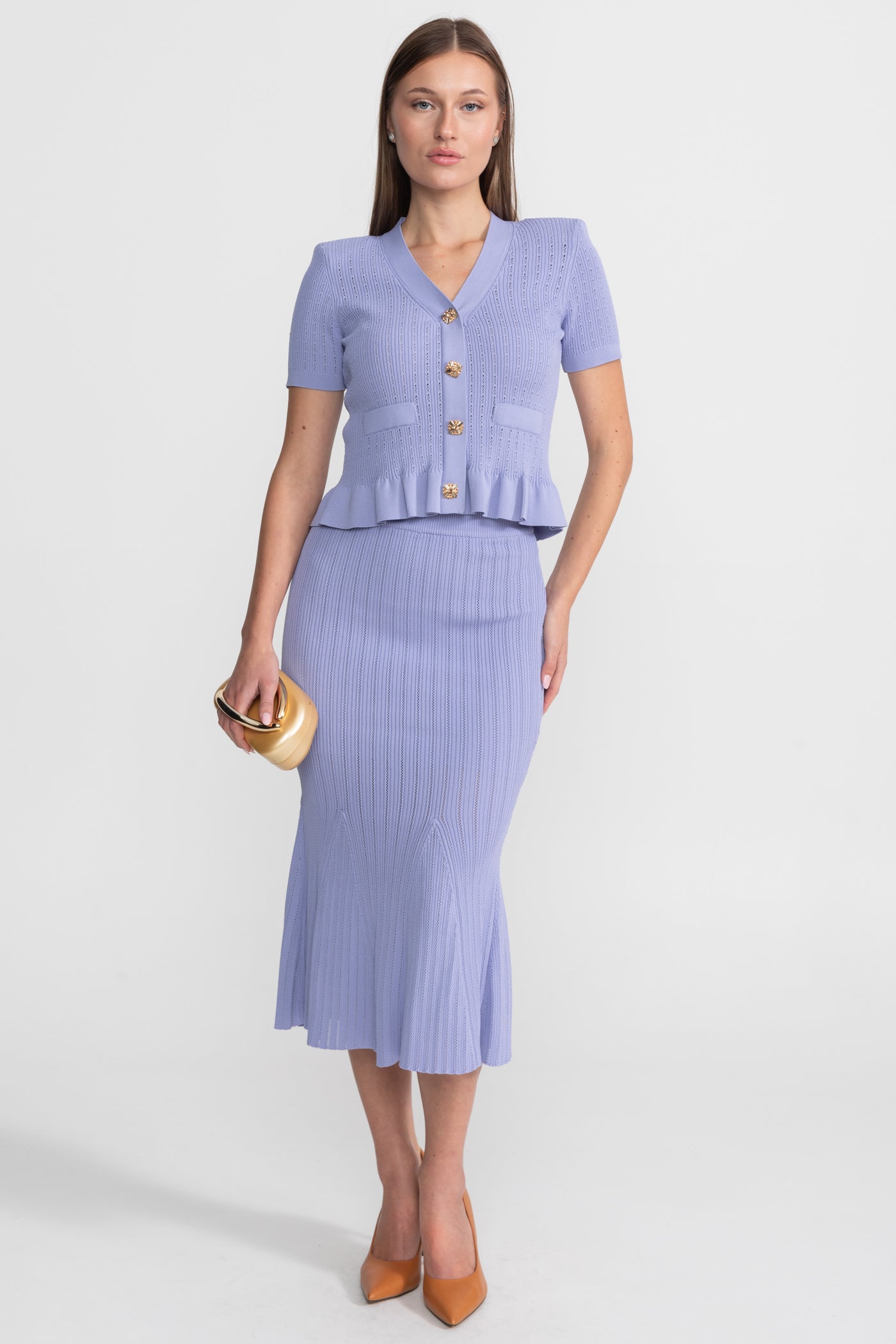 Knit Midi Dress with Peplum Waist and Gold Buttons  – Lilac