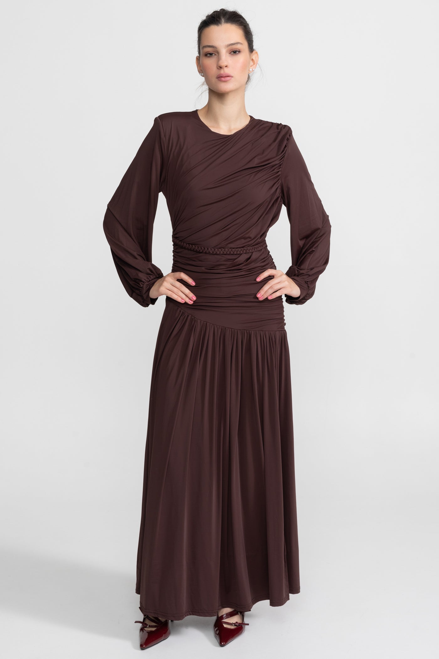 Draped Maxi Dress with Braided Waist Detail - Brown