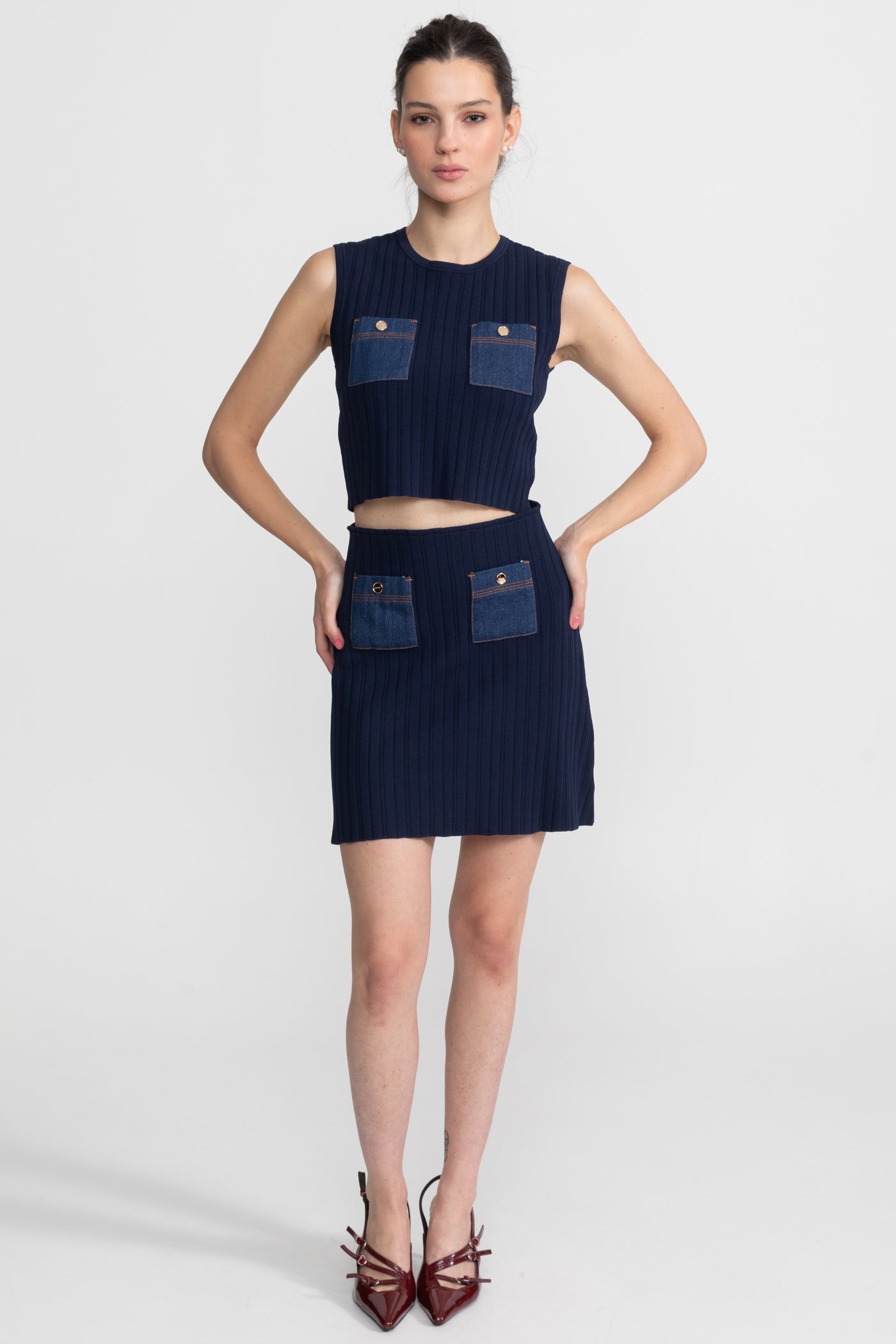 Ribbed Knit Co-ord Set with Contrast Denim Pockets - Dark Blue