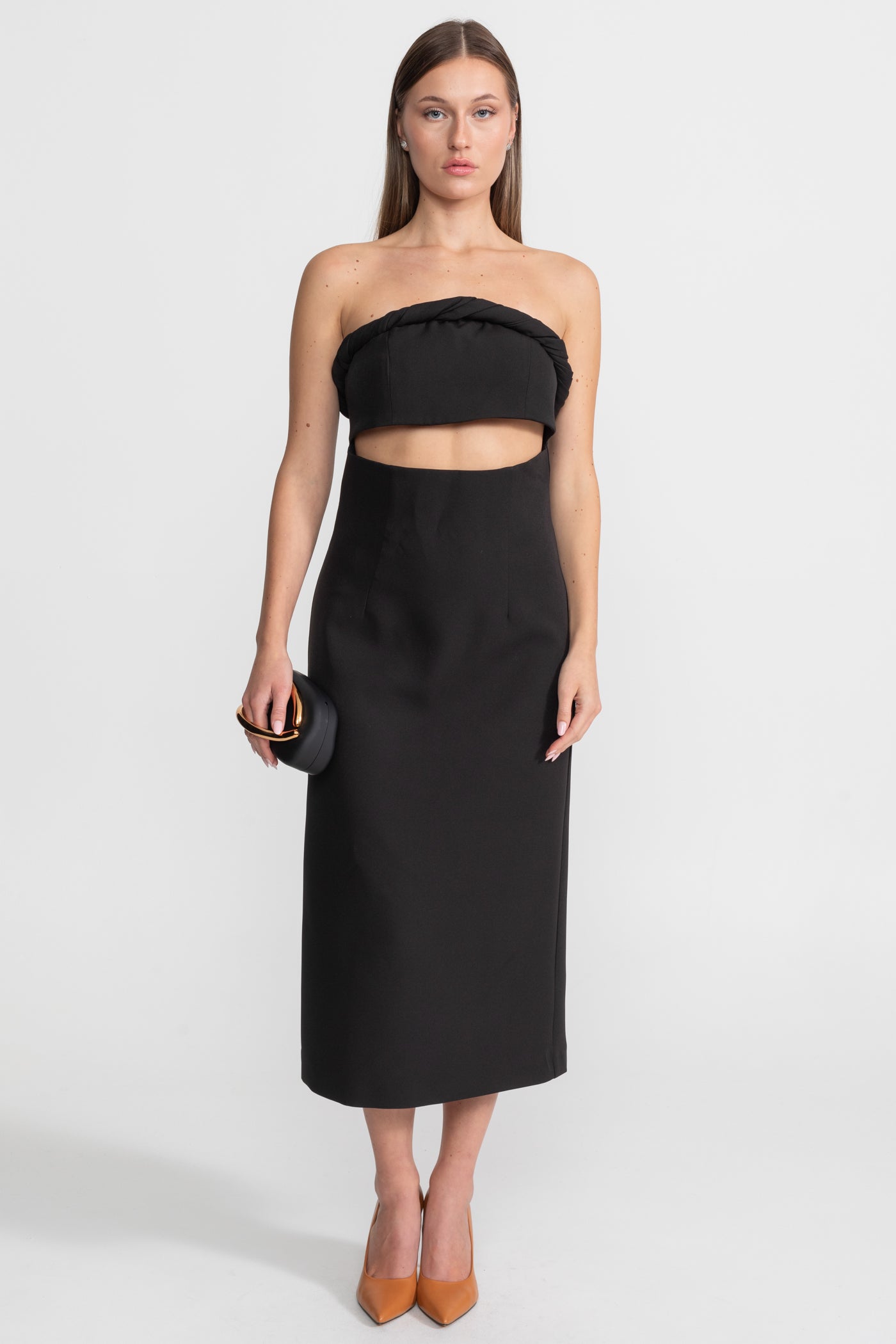 Strapless Cutout Midi Dress With Twisted Bandeau Detail – Black