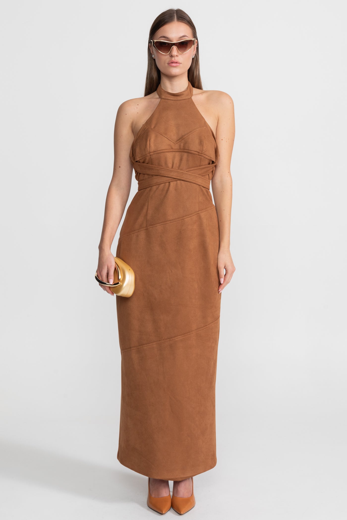 Suede Halterneck Wrap Maxi Dress – Cognac