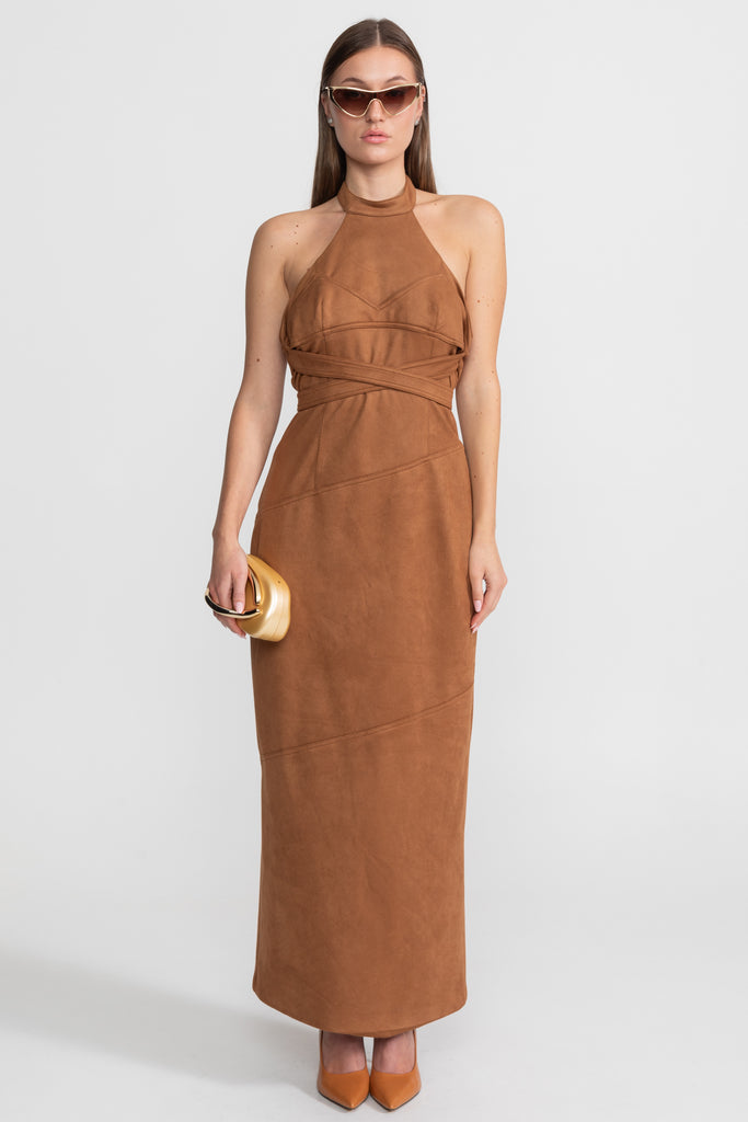 Suede Halterneck Wrap Maxi Dress – Cognac