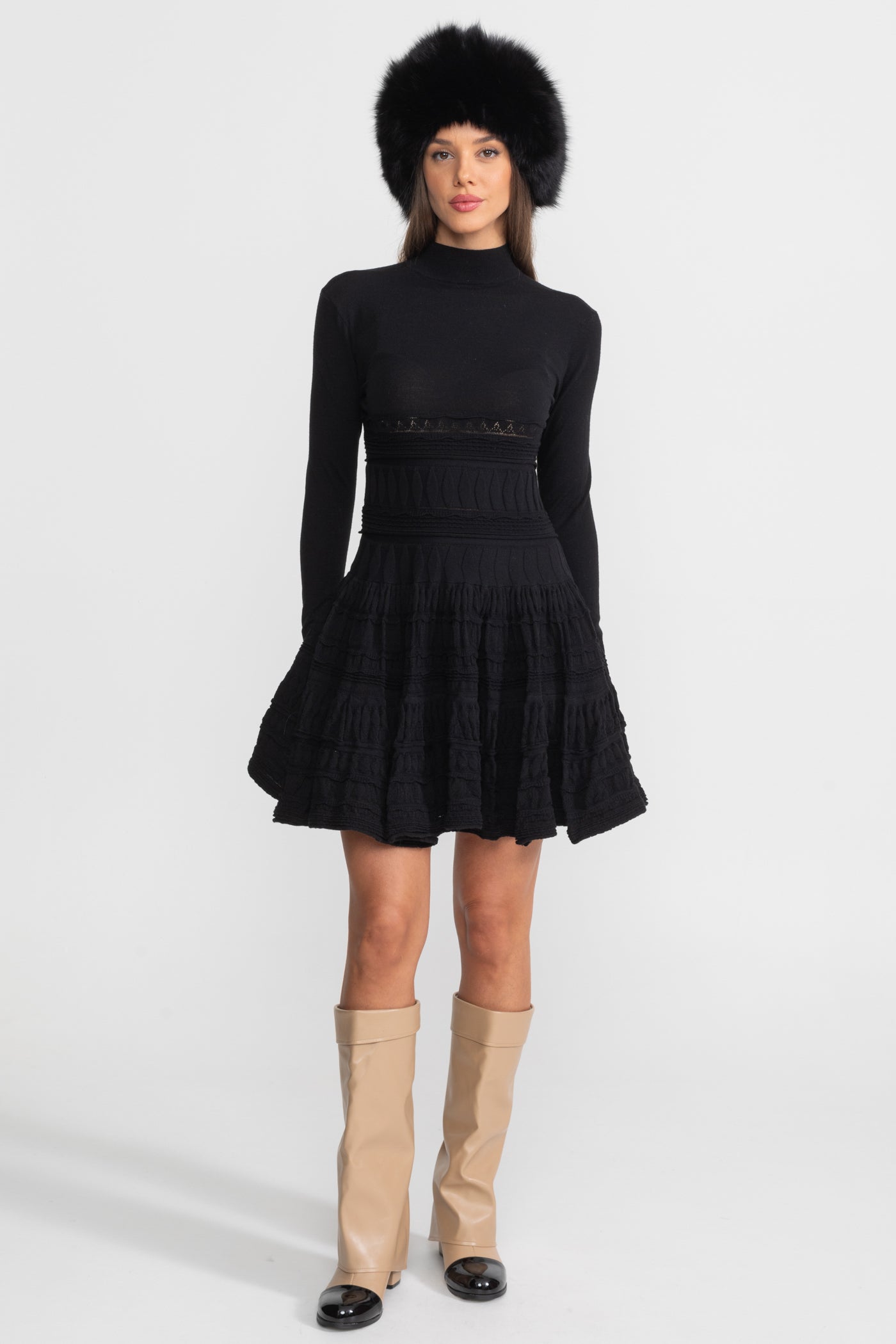 Textured Knit Mini Dress with Flared Skirt - Black