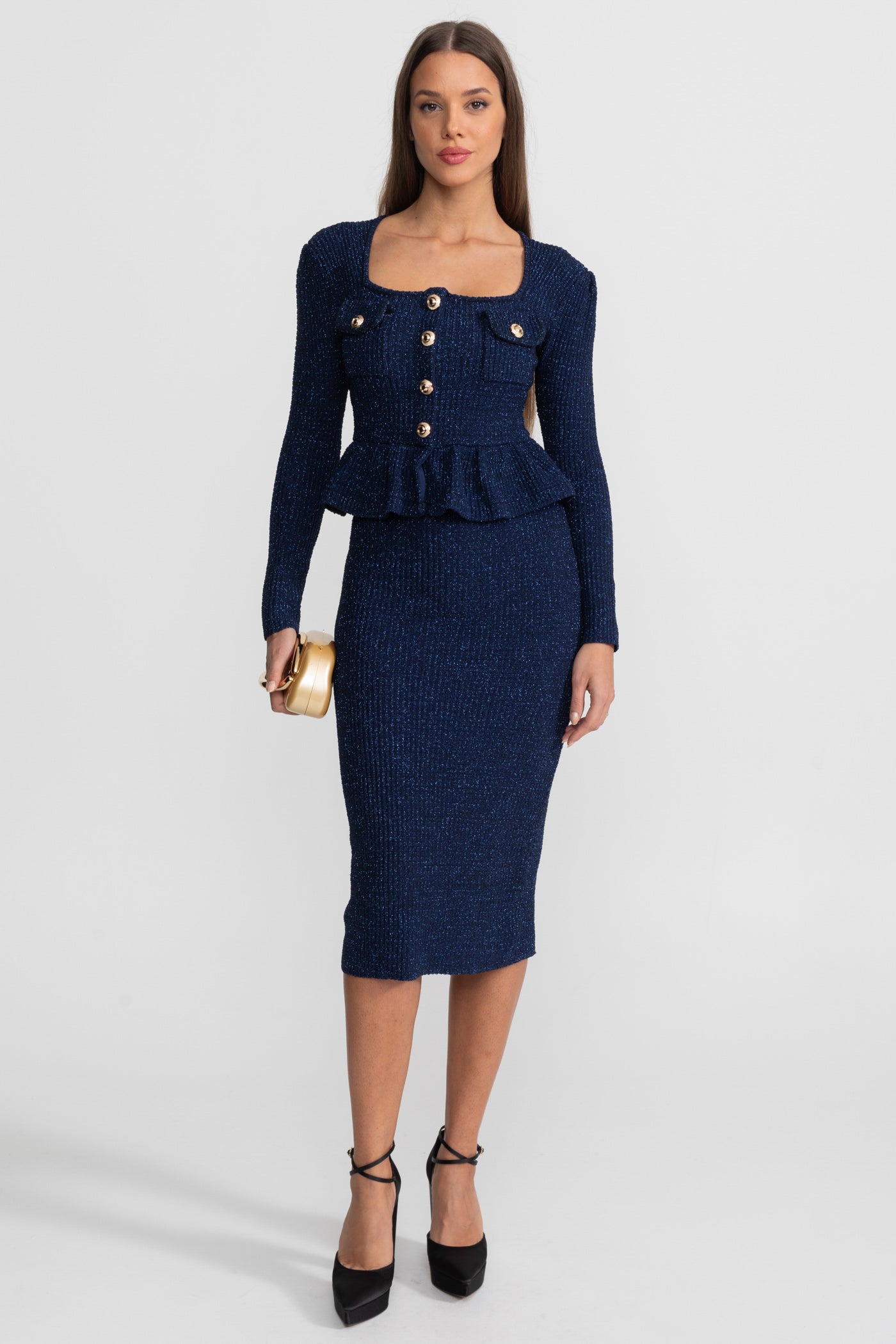 Textured Knit Dress with Peplum Waist and Gold Buttons - Dark Blue, M Textured Knit Dress with Peplum Waist and Gold Buttons - Dark Blue, M