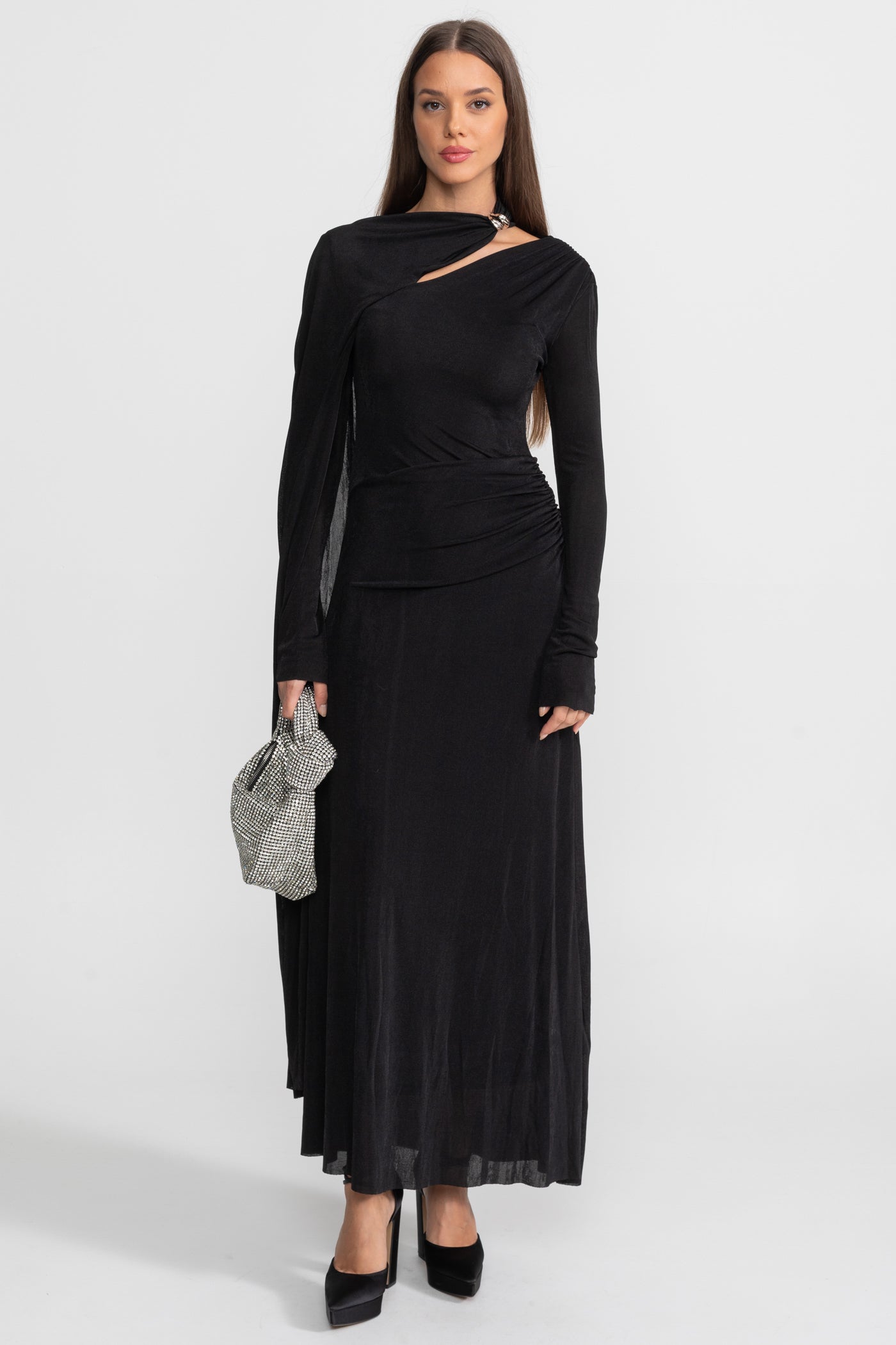 Elegant Draped Gown With Asymmetric Cutout – Black, S