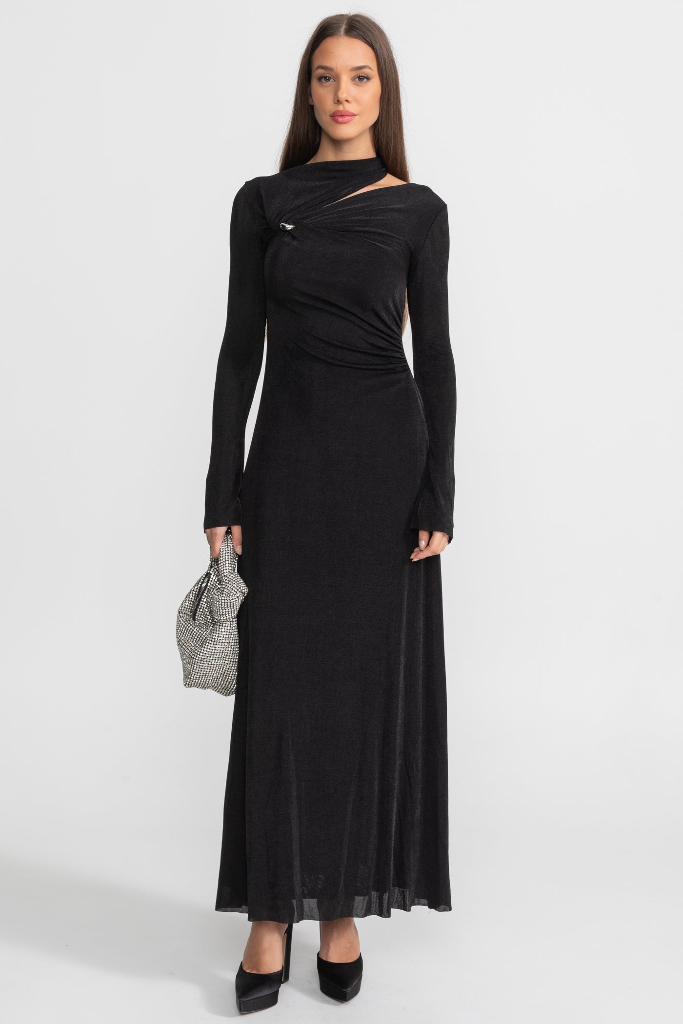 Velvet Maxi Dress with Cut-Out and Draped Detail - Black