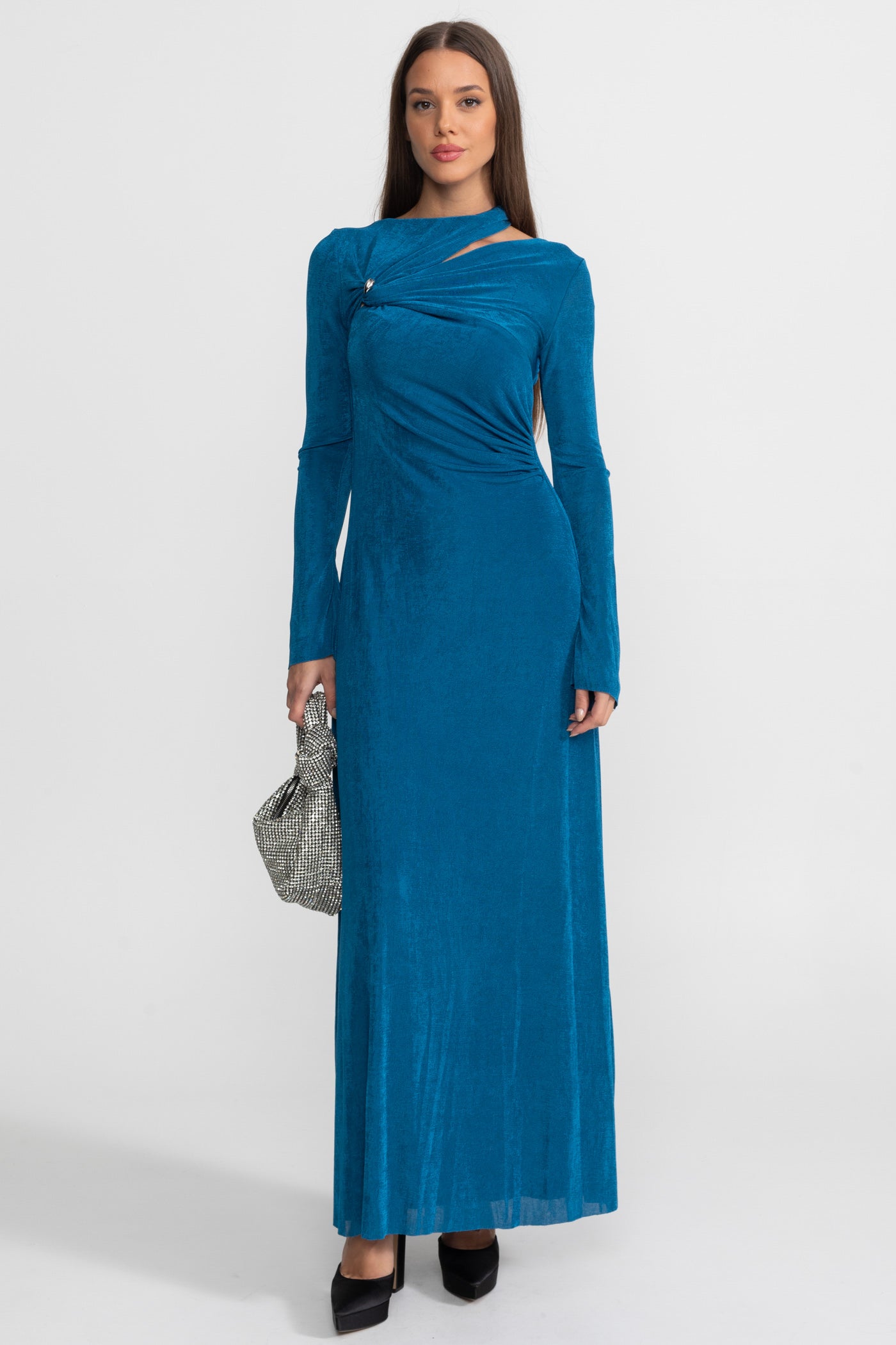 Velvet Maxi Dress with Cut-Out and Draped Detail - Teal