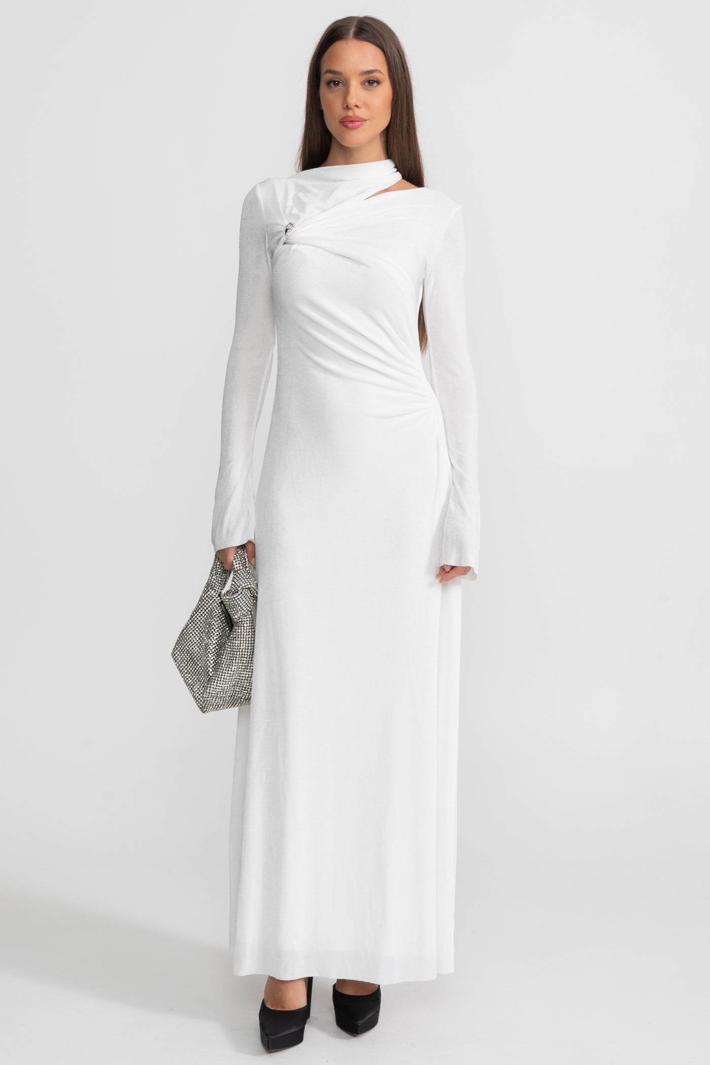 Velvet Maxi Dress with Cut-Out and Draped Detail - White
