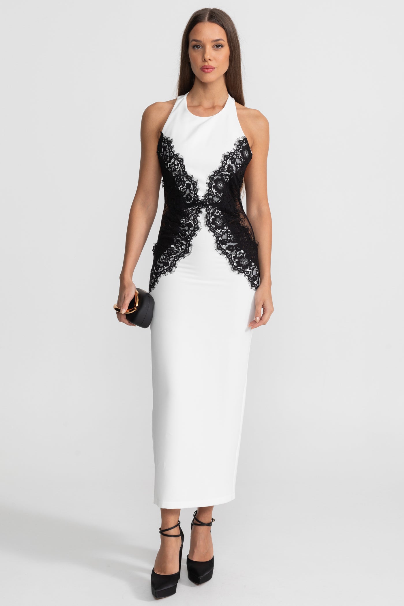 Halter Maxi Dress with Contrast Lace Panels – White