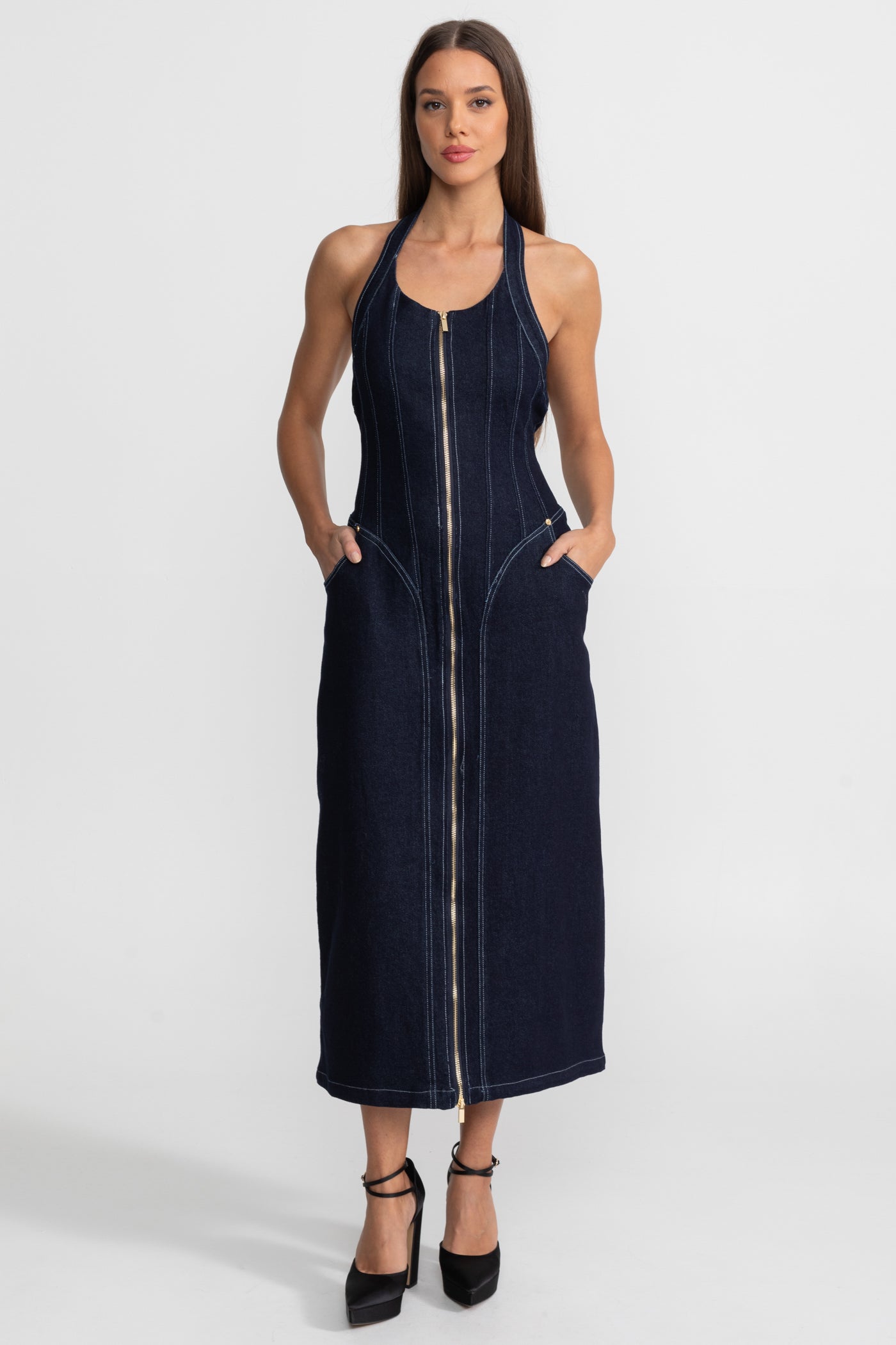 Denim Halter Dress with Front Zip Closure - Dark Indigo