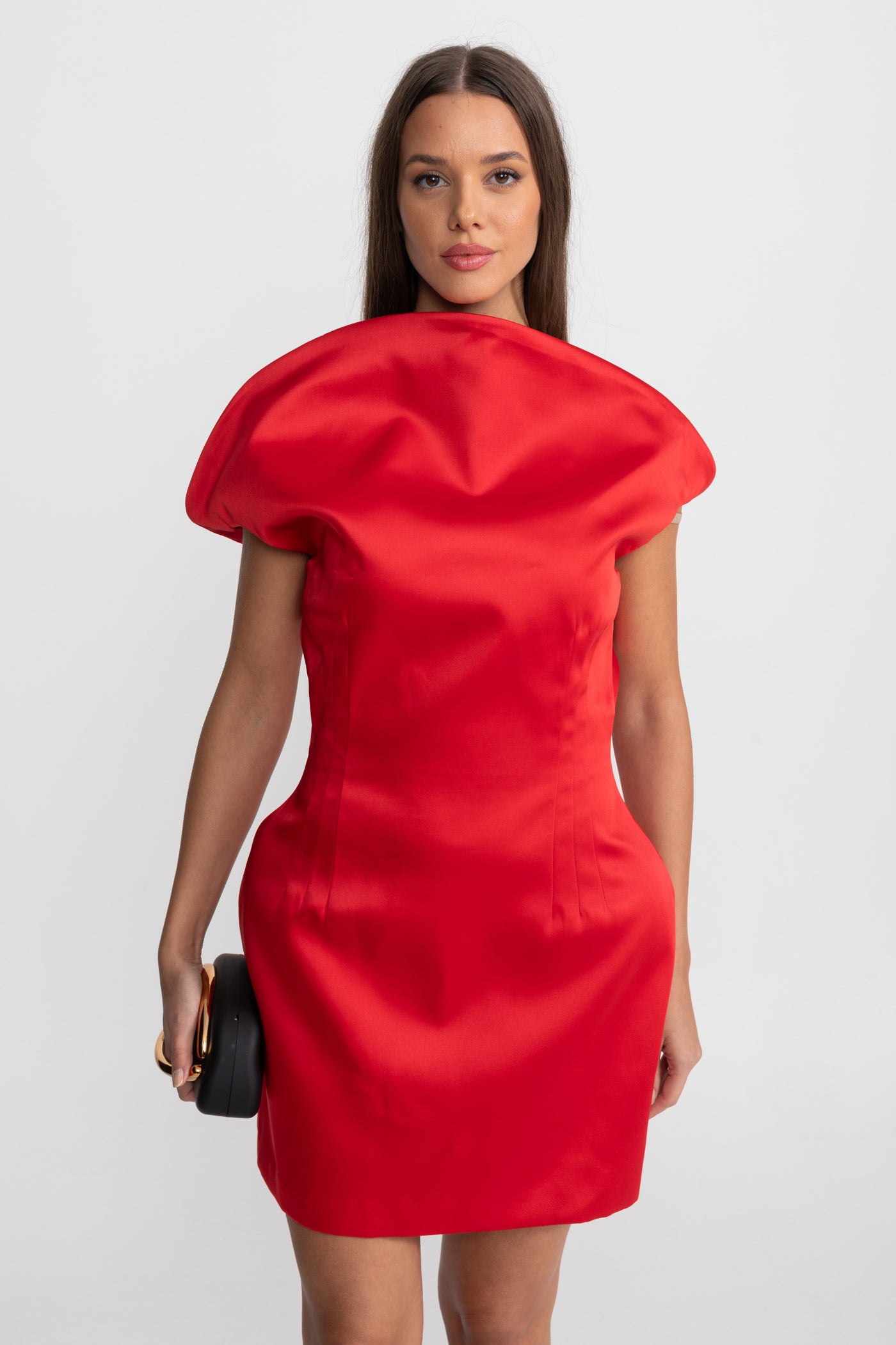 Satin Mini Dress with Sculptural Shoulder Detail - Red