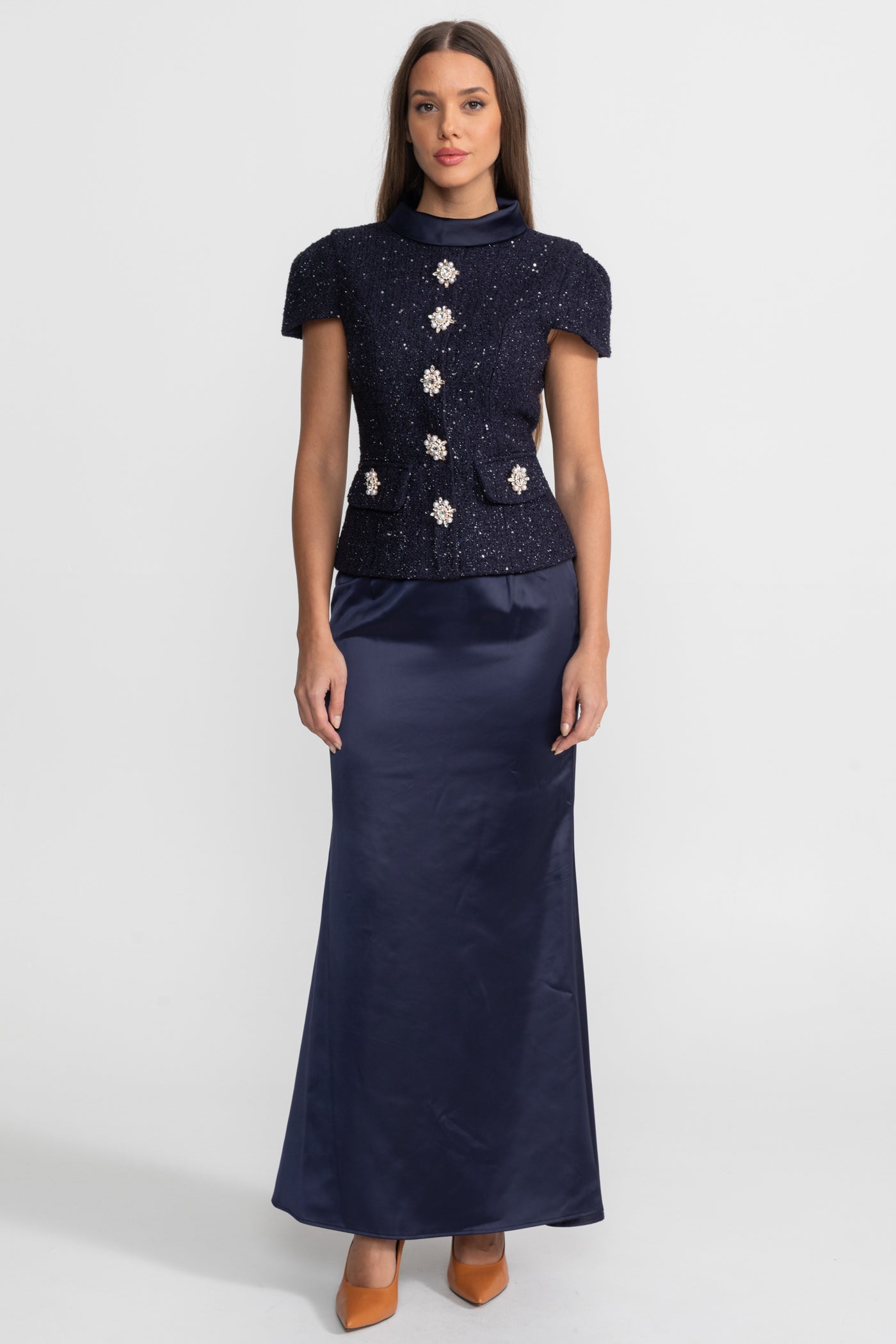 Co-Ord Set with Tweed Embellished Top and Satin Maxi Skirt - Navy