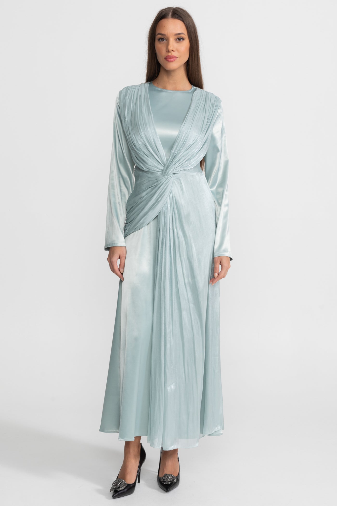 Satin Midi Dress with Draped Overlay and Knot Detail - Teal
