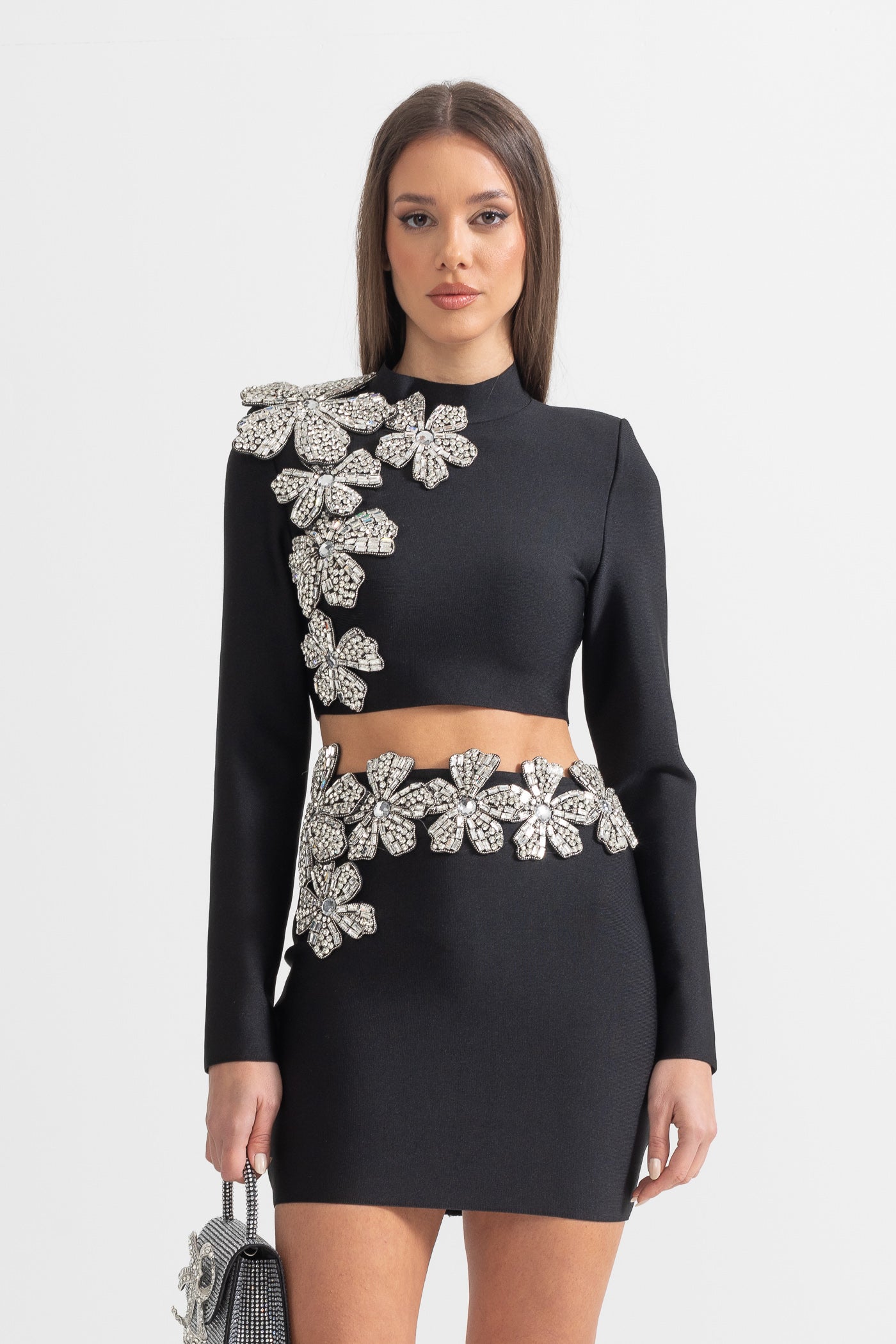 Diamond Flower Accent 2 Piece Set With Long Sleeves Top And Mini Skirt